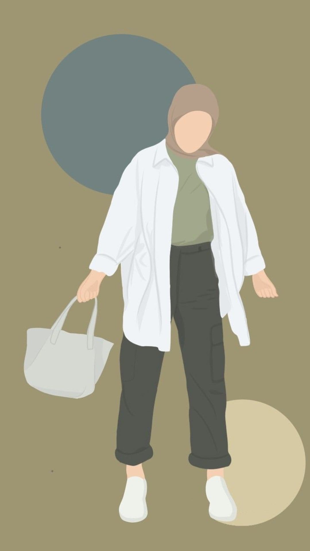 Woman in a hijab and cargo pants holds a tote bag against a backdrop of muted abstract circles and soft tones.