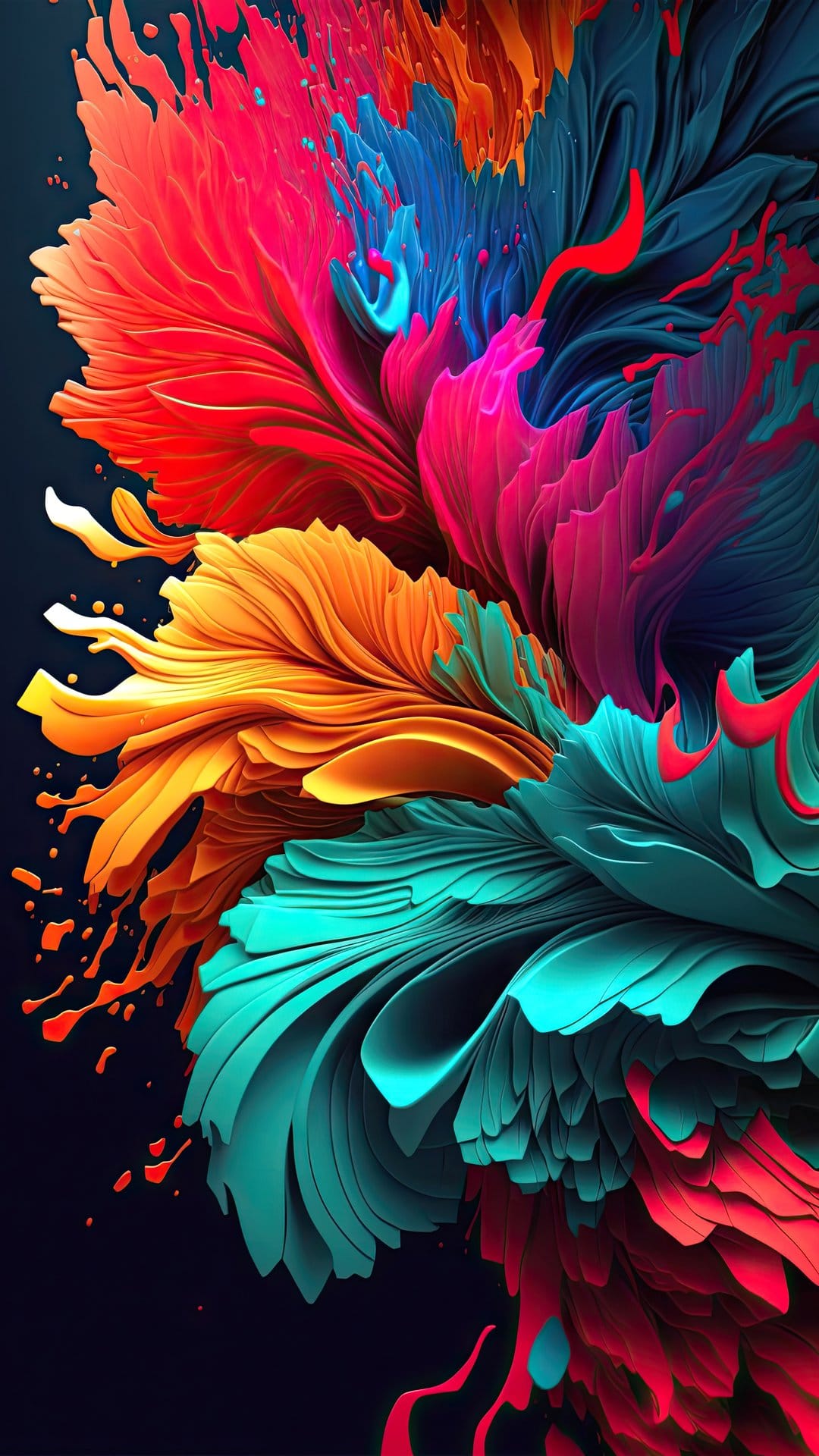 Overlapping layers of red and blue fluid shapes resemble organic feathers or flower petals in a vertical layout.