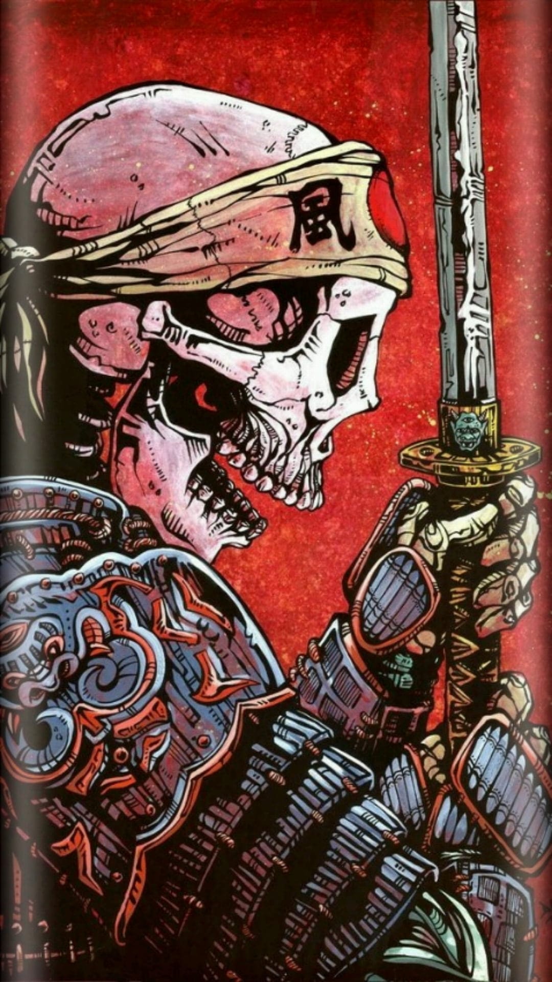 Skeletal samurai with glowing eyes wears traditional armor and holds a katana against a textured red background.