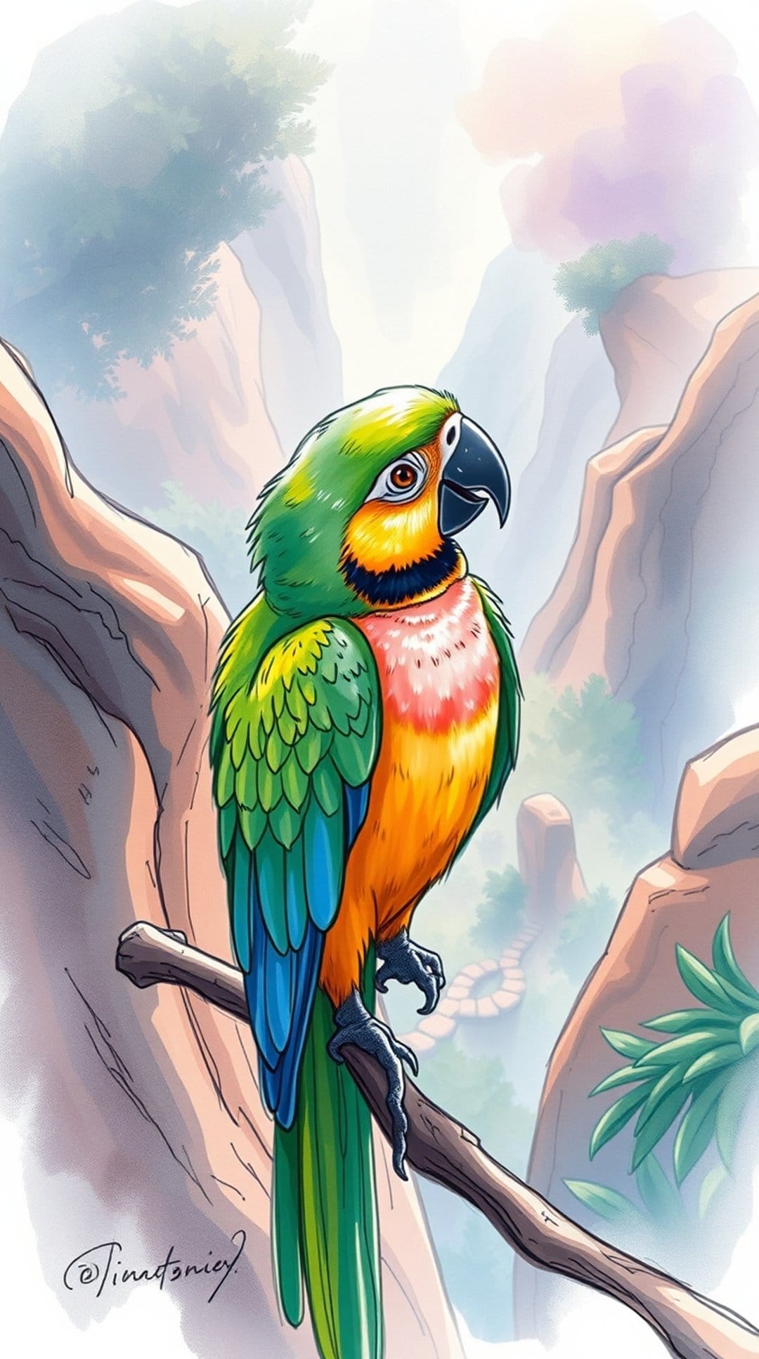 Macaw with green and orange plumage sits on a branch against a foggy mountain landscape and tropical forest.