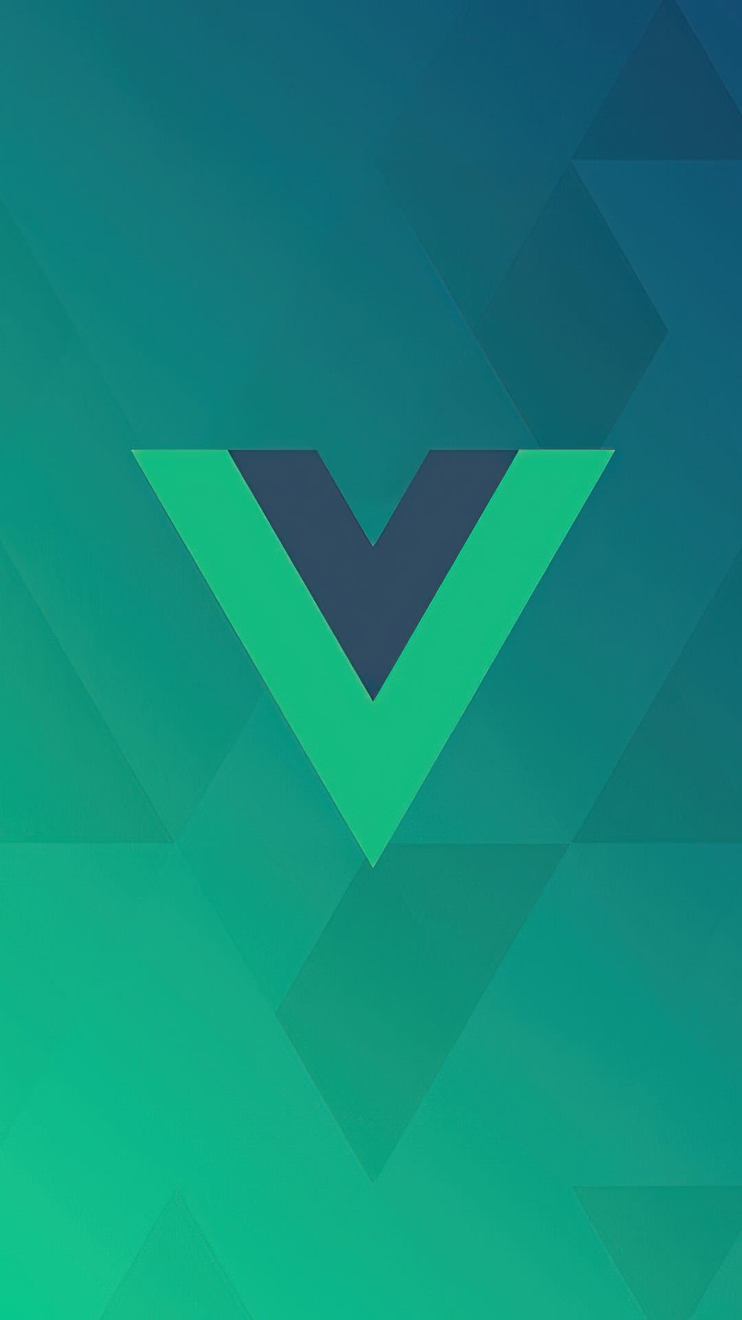 Vue.js logo centered on a dark green and teal gradient background with subtle overlapping geometric triangles.