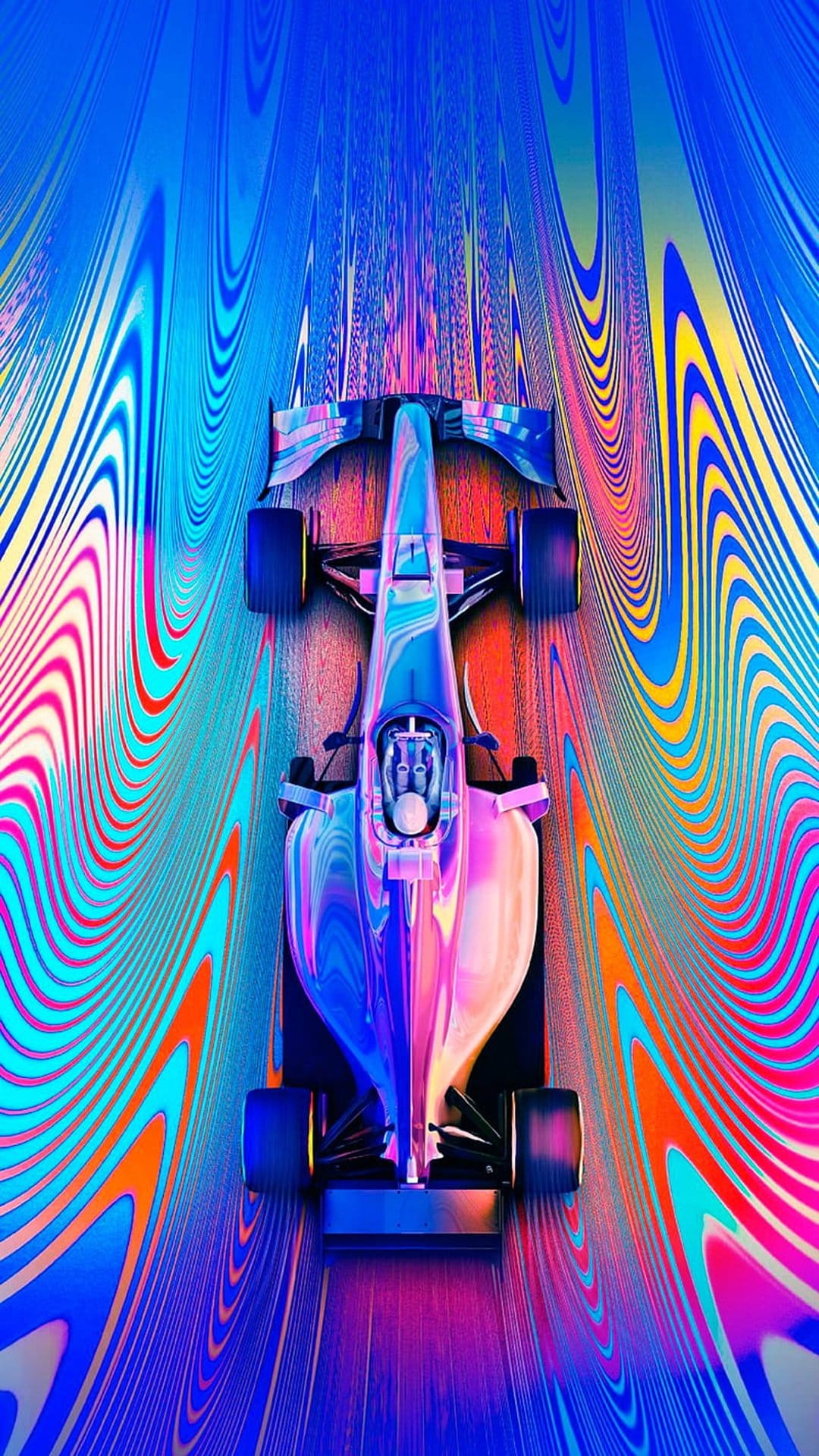 Formula 1 race car speeds through a top-down view of neon blue, pink, and orange abstract swirls and light trails.