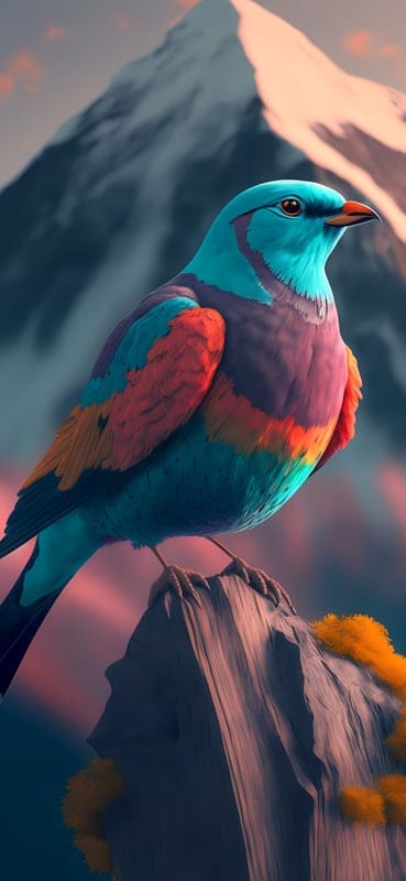 bird,blue,orange,mountain,art