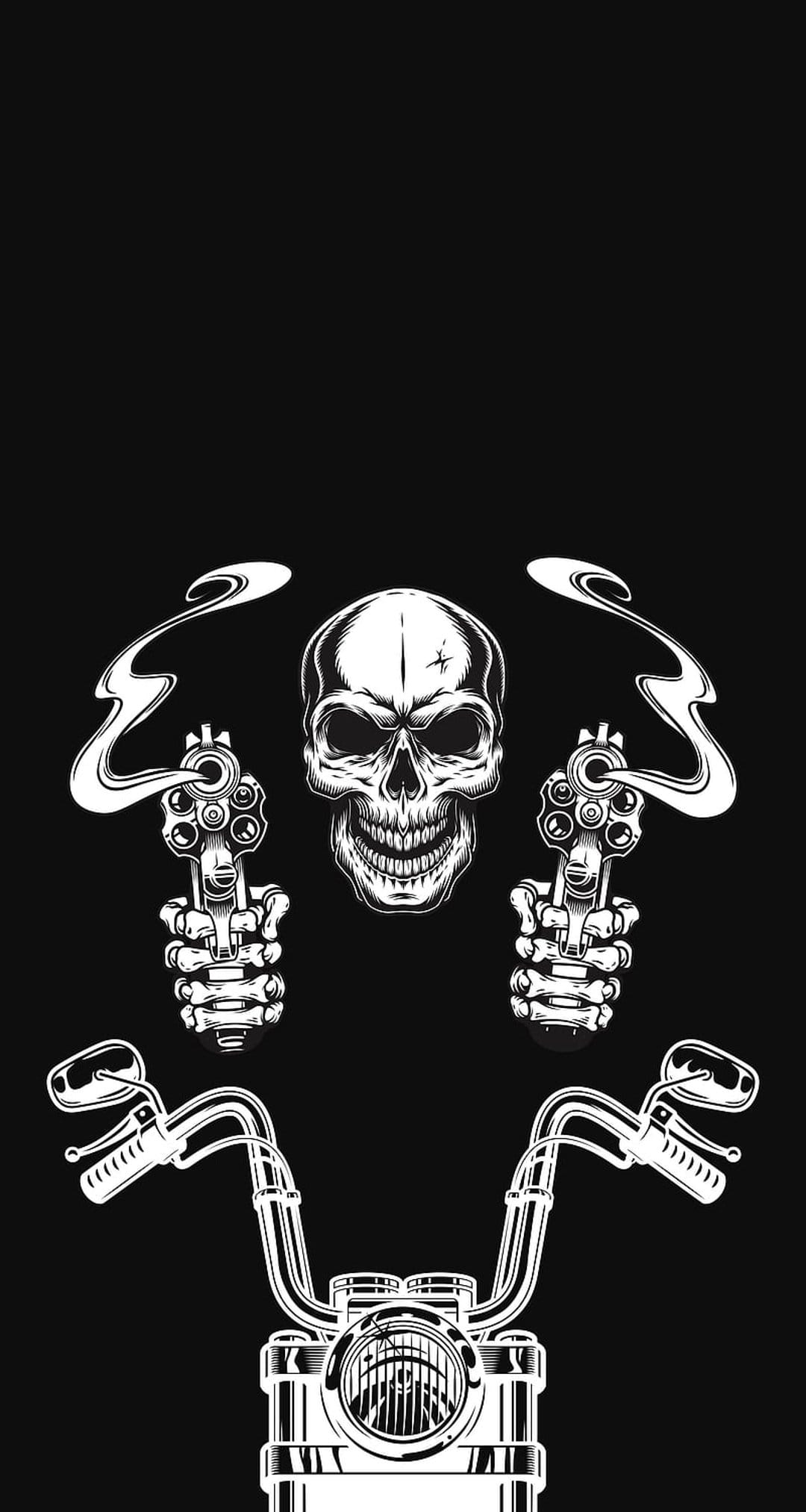 Skeleton rider on a motorcycle holding two smoking revolvers in a high-contrast black and white ink style.