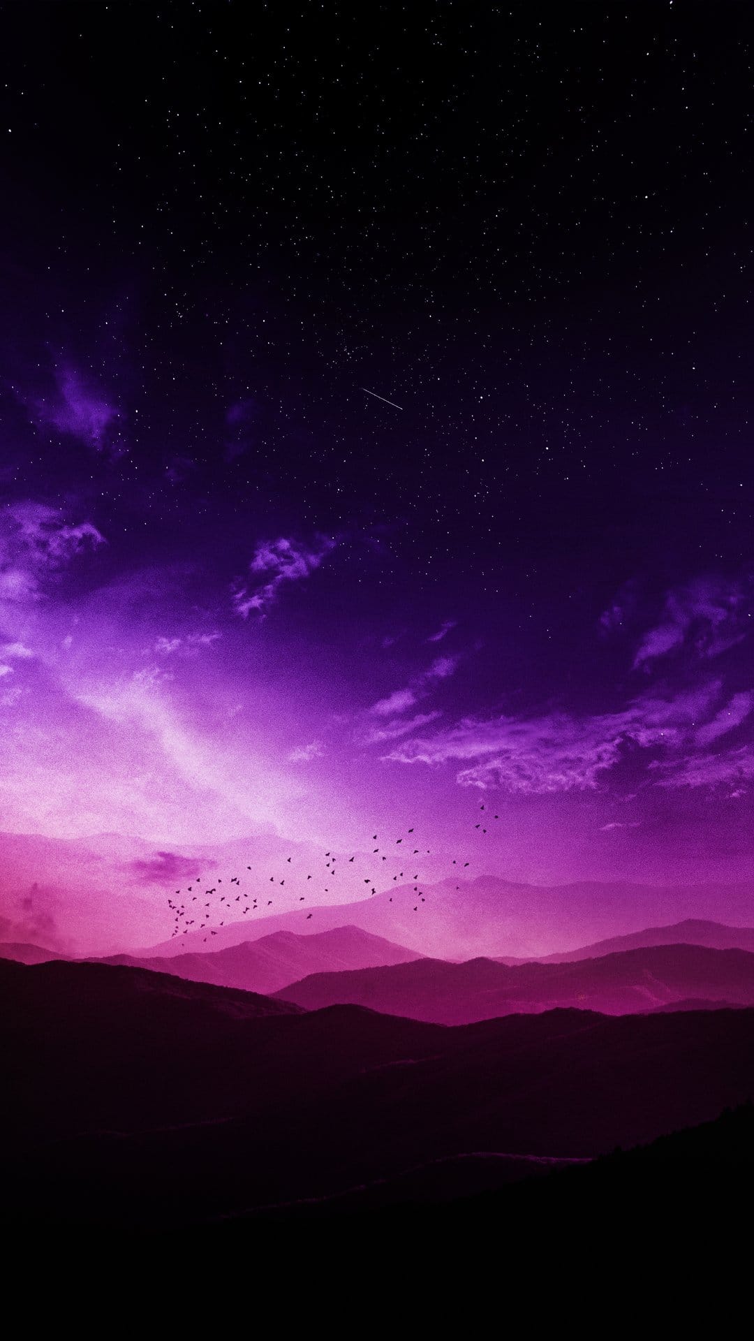 Purple mountain silhouettes stand against a starry sky with a shooting star and flying birds in the distance.
