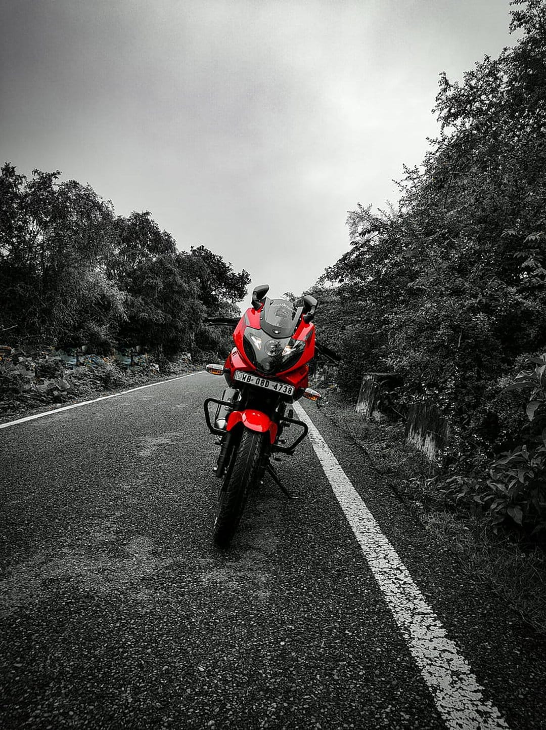 Red motorcycle parked on a winding asphalt road surrounded by desaturated green trees under an overcast sky.