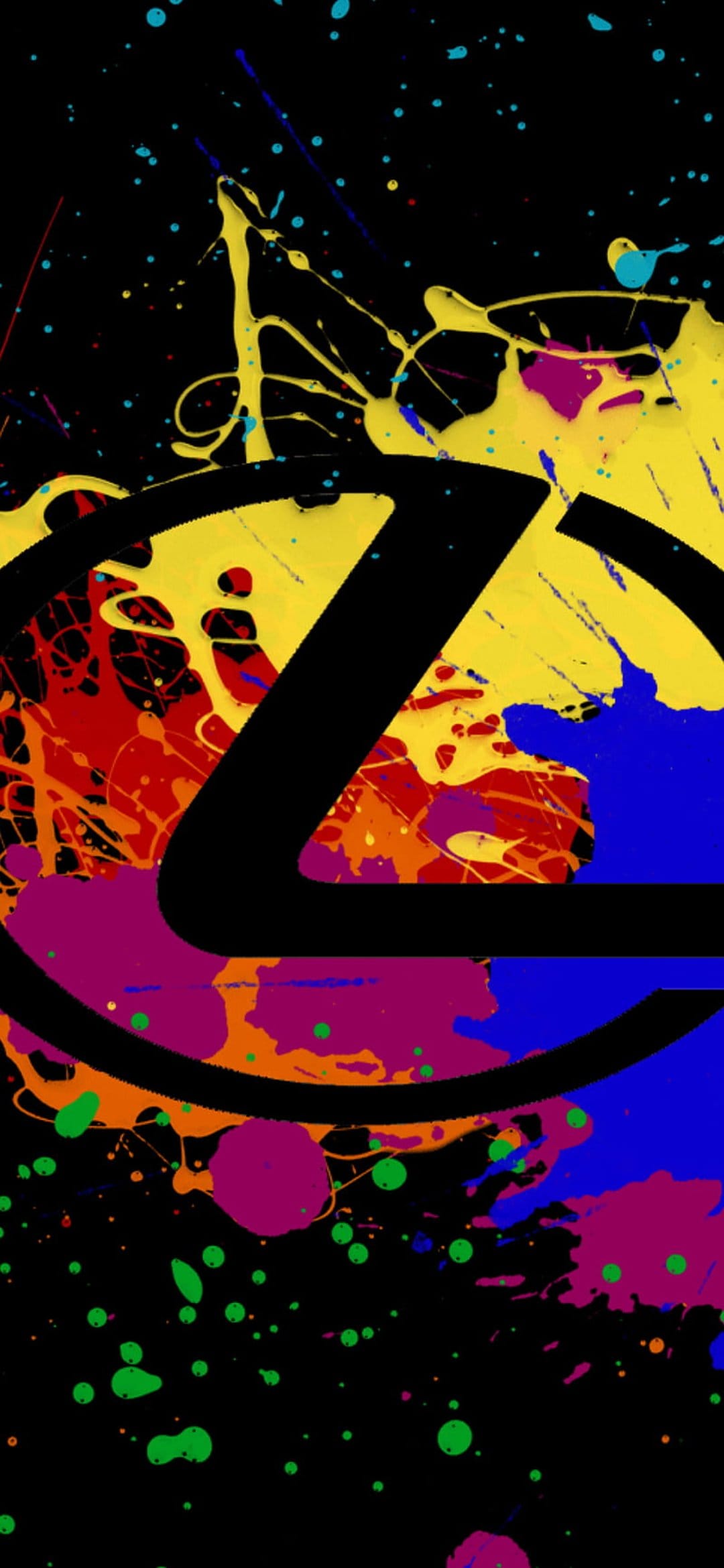 Lexus emblem centered amidst vibrant yellow, red, and blue paint splashes on a dark, high-contrast background.