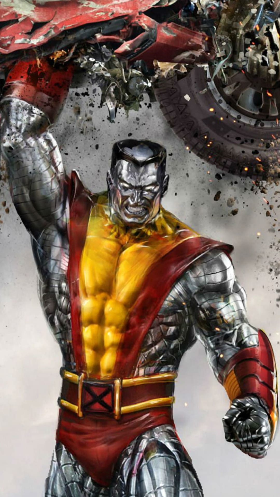Colossus the metallic hero lifts a crushed red car over his head amidst urban debris and thick clouds of dust.