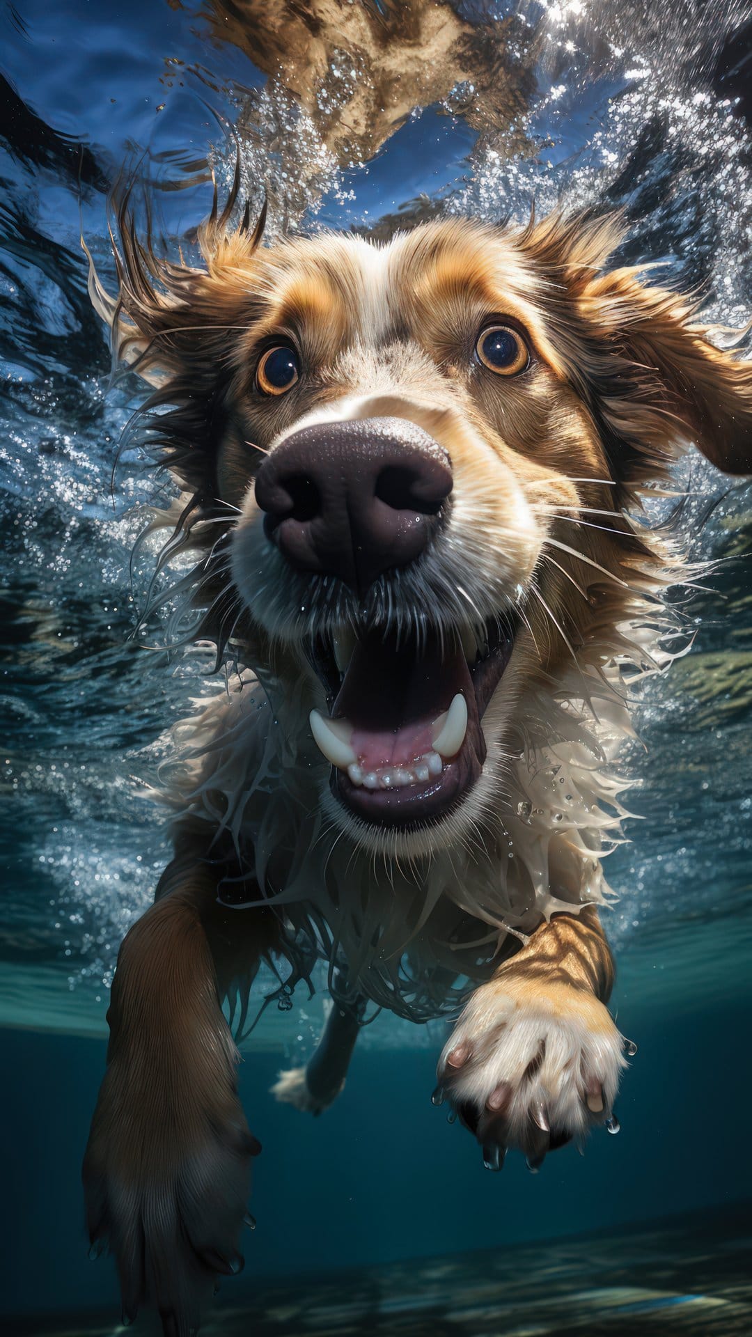 Golden retriever swimming underwater with wide eyes and bubbles, lit by sunlight filtering through turquoise water.