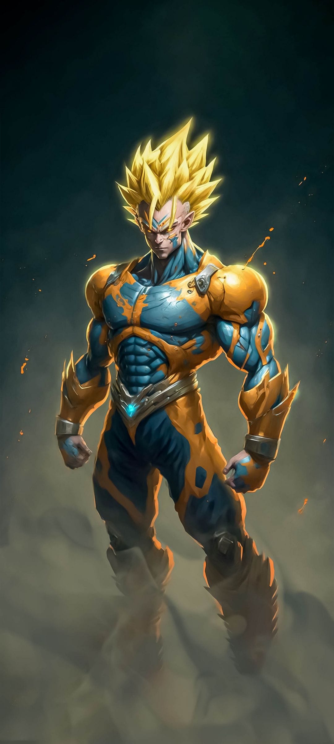 Saiyan warrior with spiky blonde hair wears blue and gold armor against a dark, energy-filled background.