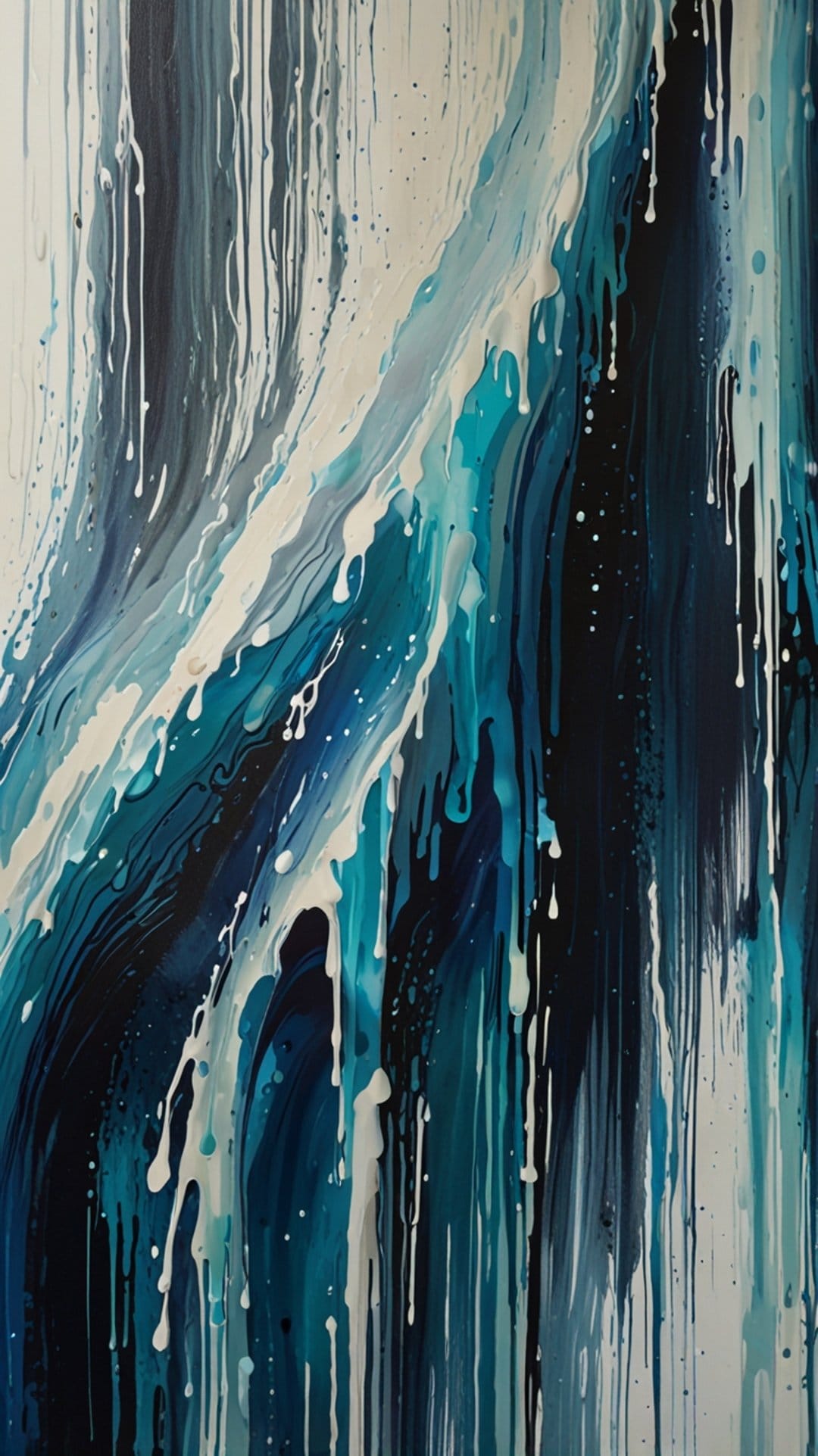 Cascading blue and white paint drips flow downward with thick textures and fine splatters in a vertical layout.