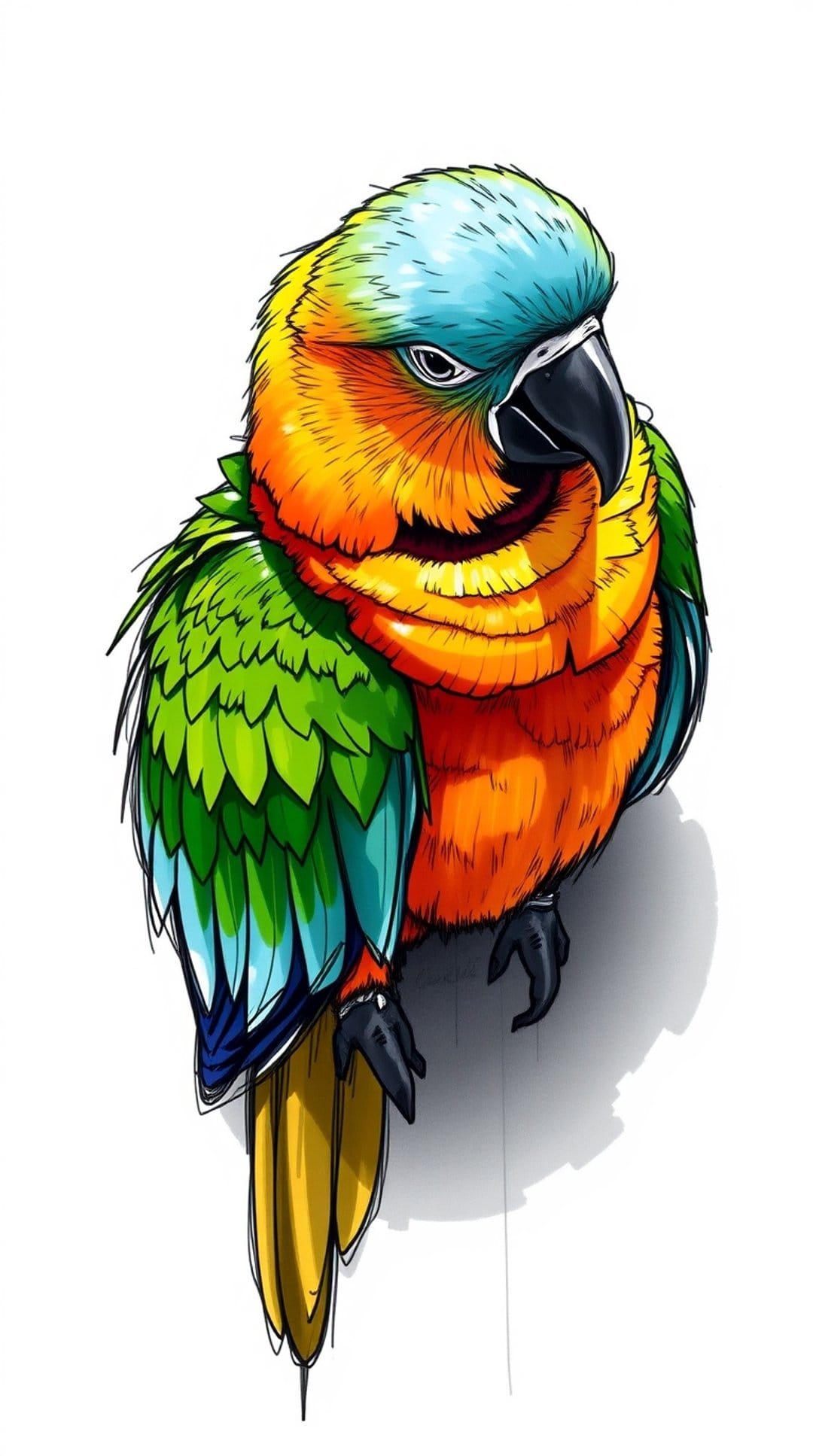 Turquoise-headed parrot with an orange chest and green wings rests on a branch against a solid white background.