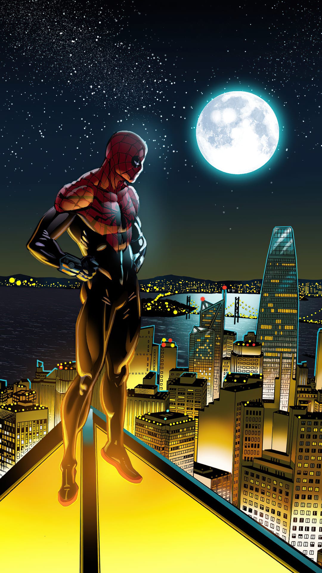 Spider-Man overlooks a luminous city skyline from a rooftop under a bright moon and starry night sky.