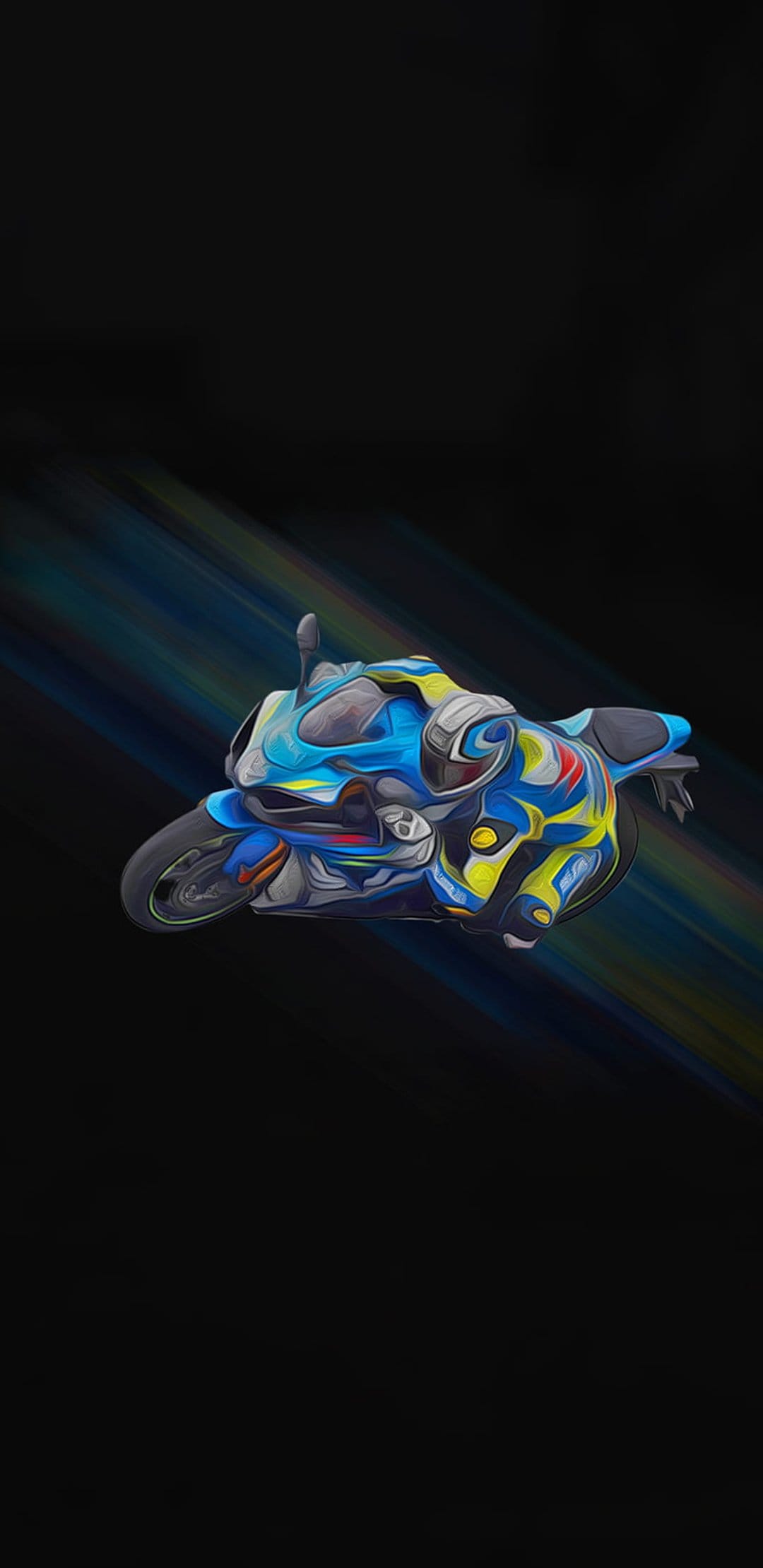 Racing motorcycle leans into a turn with glowing blue and yellow light trails against a dark, shadowy background.