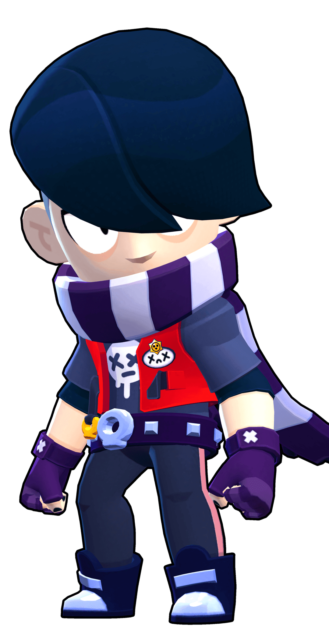 Edgar from Brawl Stars stands in a dynamic pose wearing a red vest and long striped scarf against a plain background.