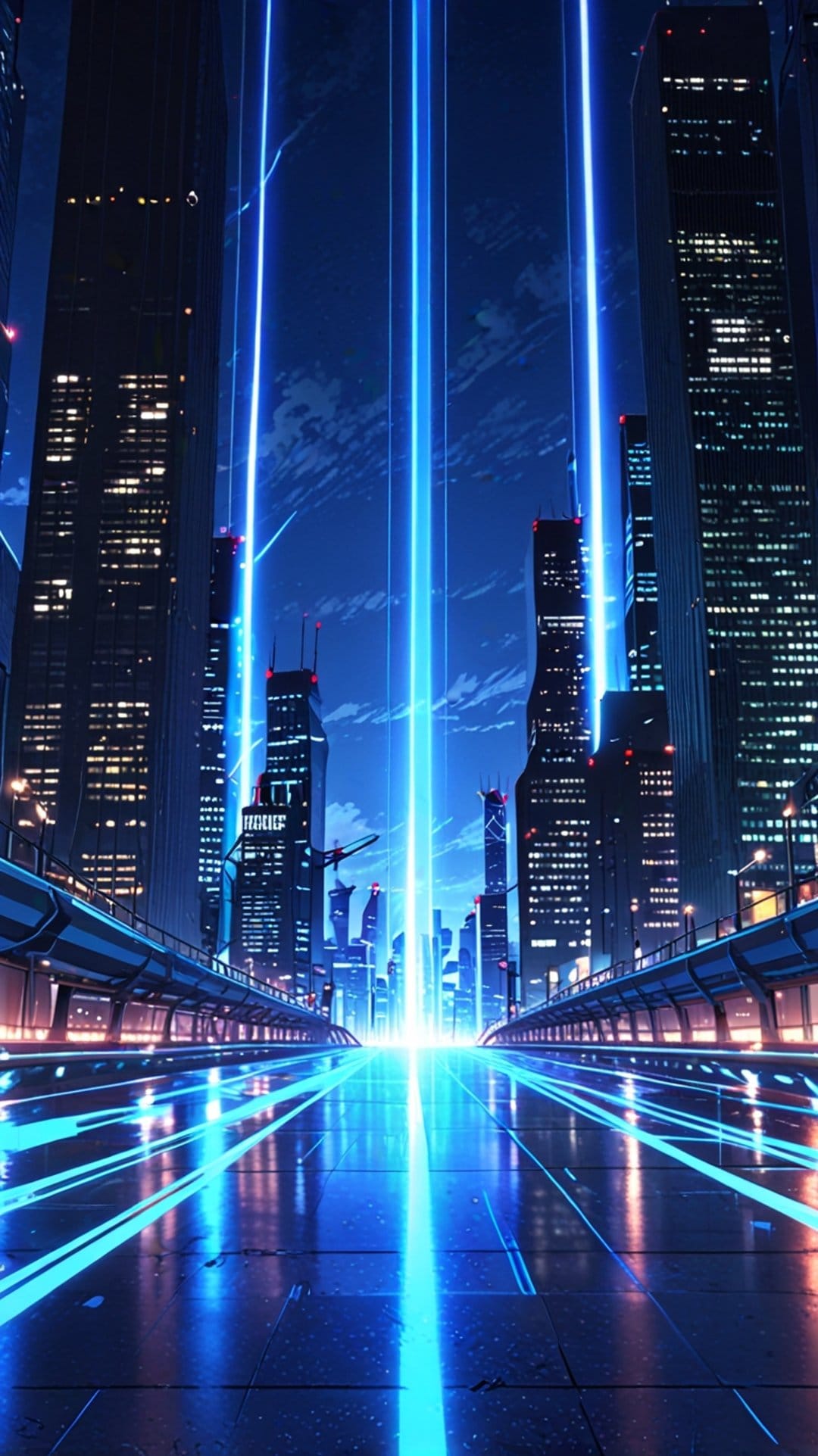 Towering dark skyscrapers surrounded by glowing blue neon light trails reflecting on a wet futuristic street.