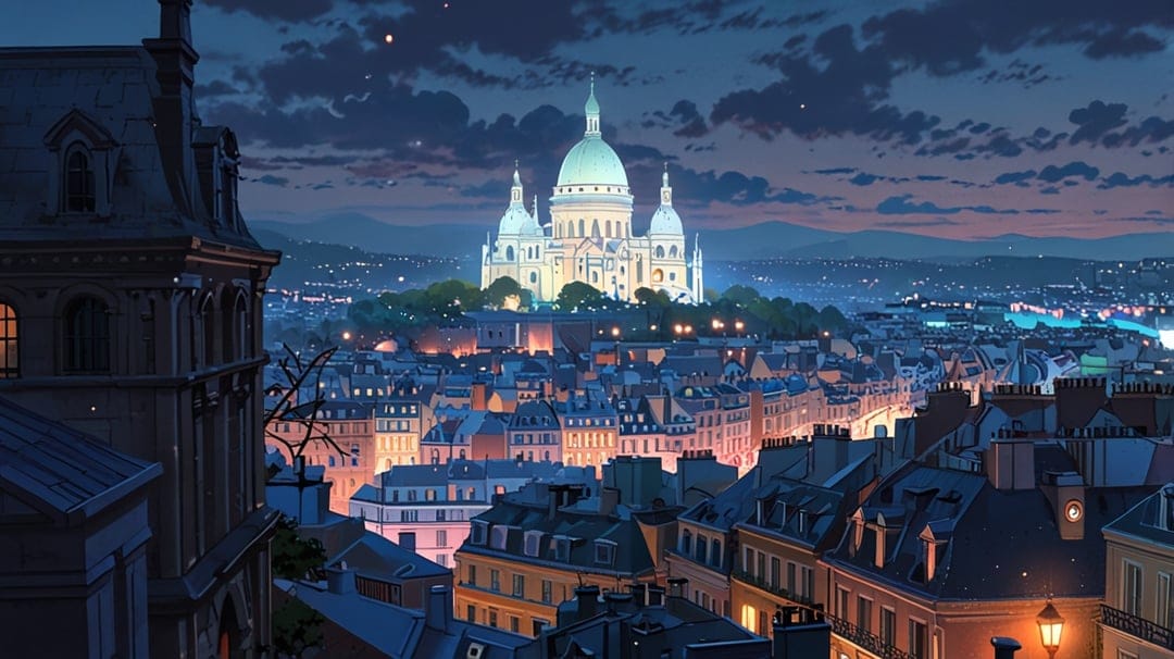 Sacré-Cœur Basilica glows with warm lights above the Parisian skyline under a dark blue and cloudy evening sky.