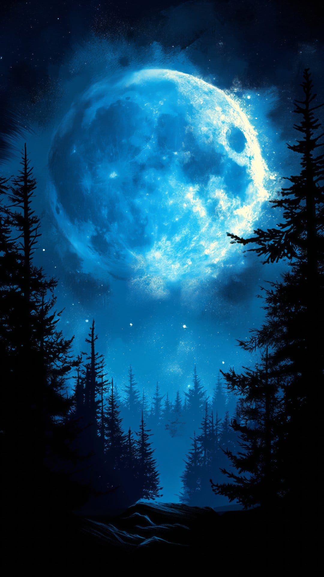Glowing blue moon shines through swirling cosmic clouds above dark pine tree silhouettes in a starry night sky.