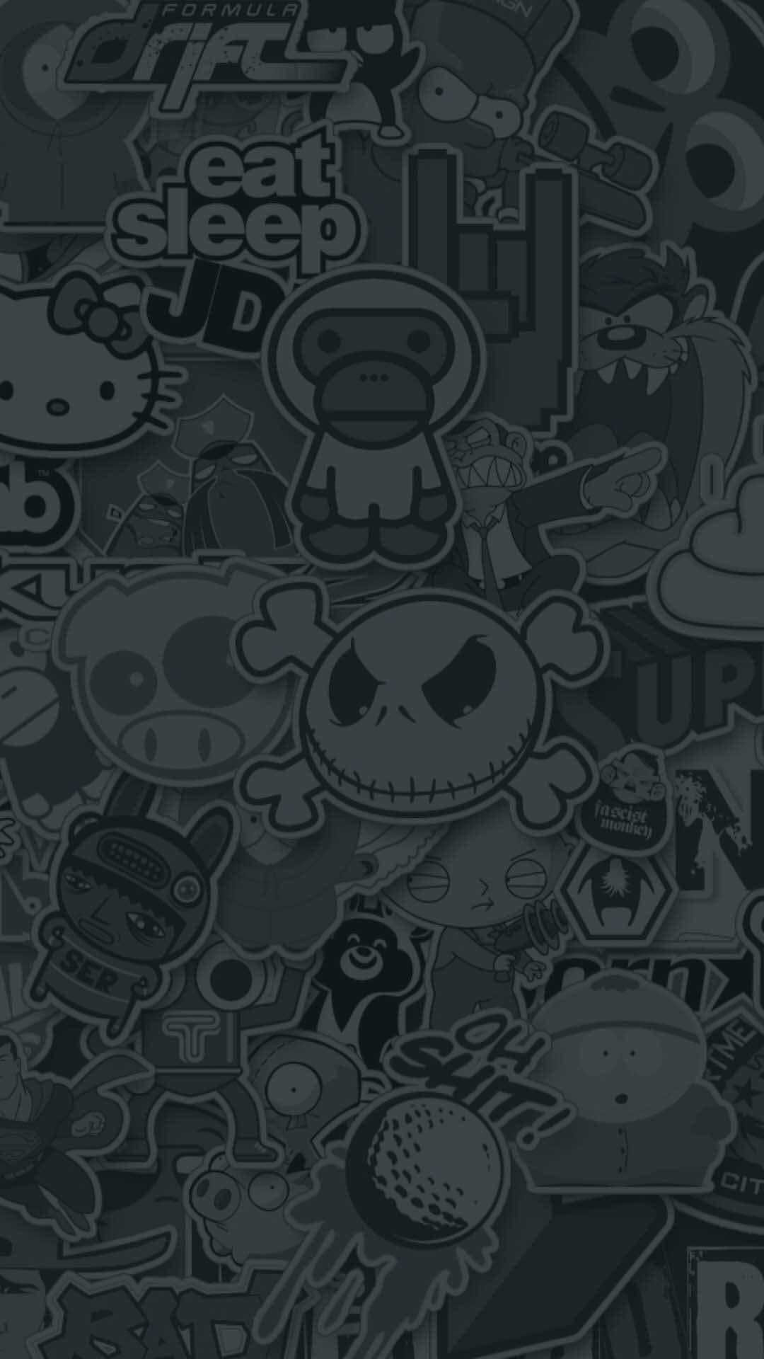 Overlapping sketched cartoon stickers and expressive typography fill a dark, monochromatic vertical collage.
