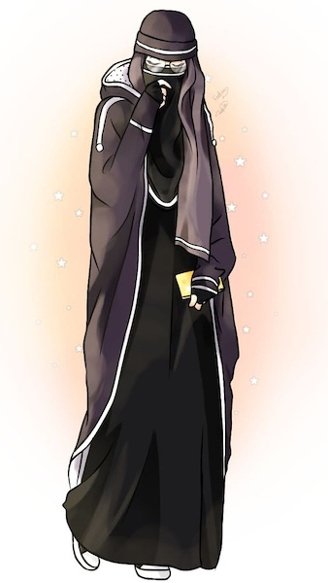 Woman in a black niqab, grey hijab, and glasses holding a small yellow object against a peach starry background.