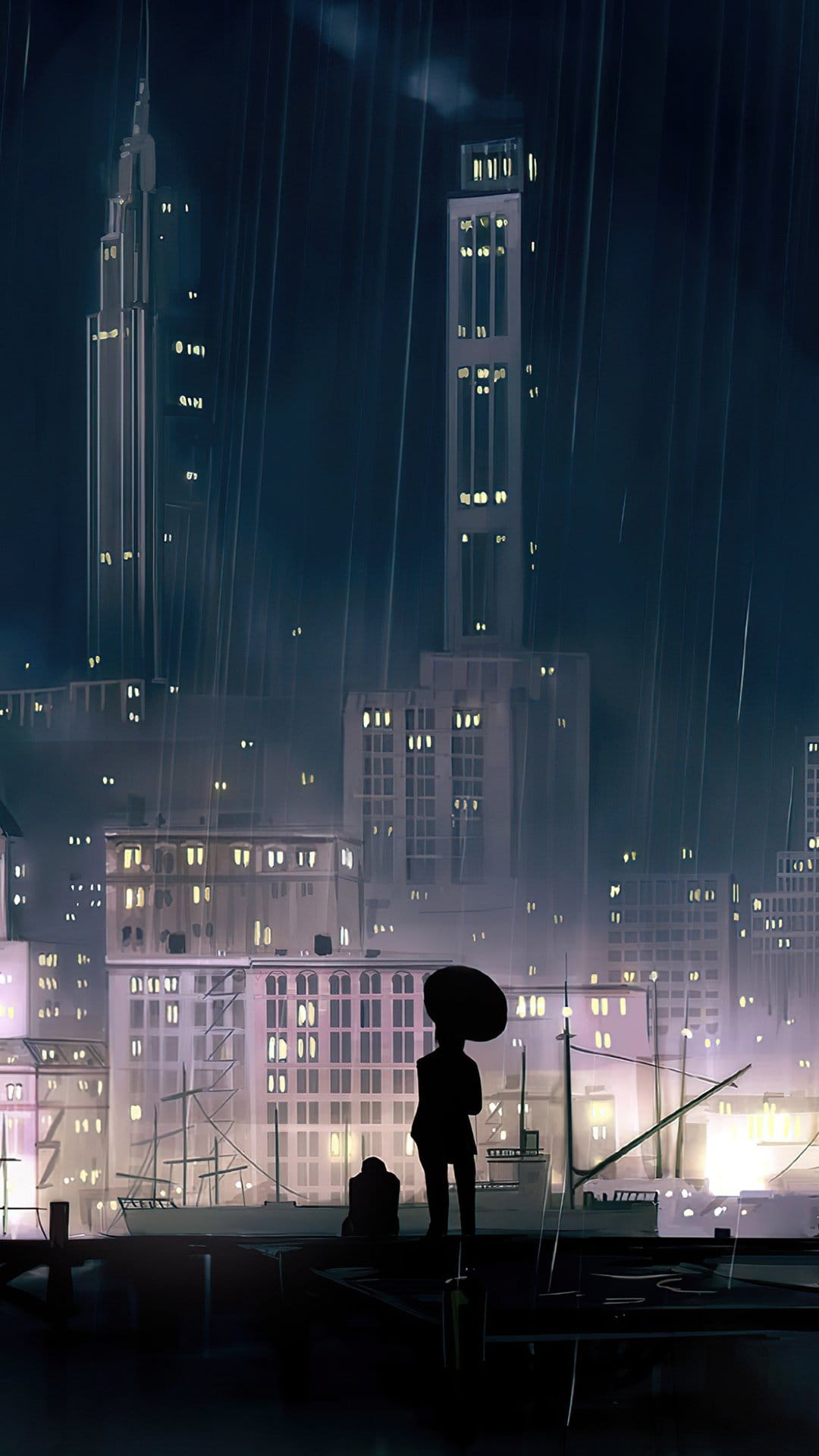 Person with umbrella on a wooden pier overlooks a rainy city with glowing skyscraper lights and water reflections.
