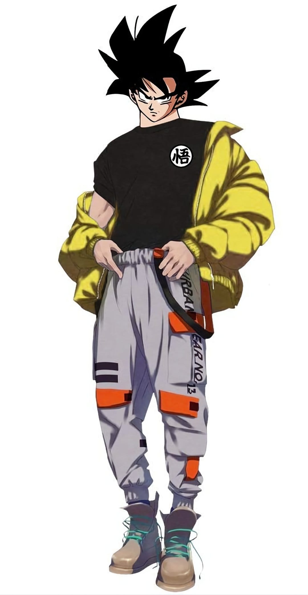 Goku wears a yellow bomber jacket, grey cargo pants, and khaki boots with mint laces in an urban fashion pose.