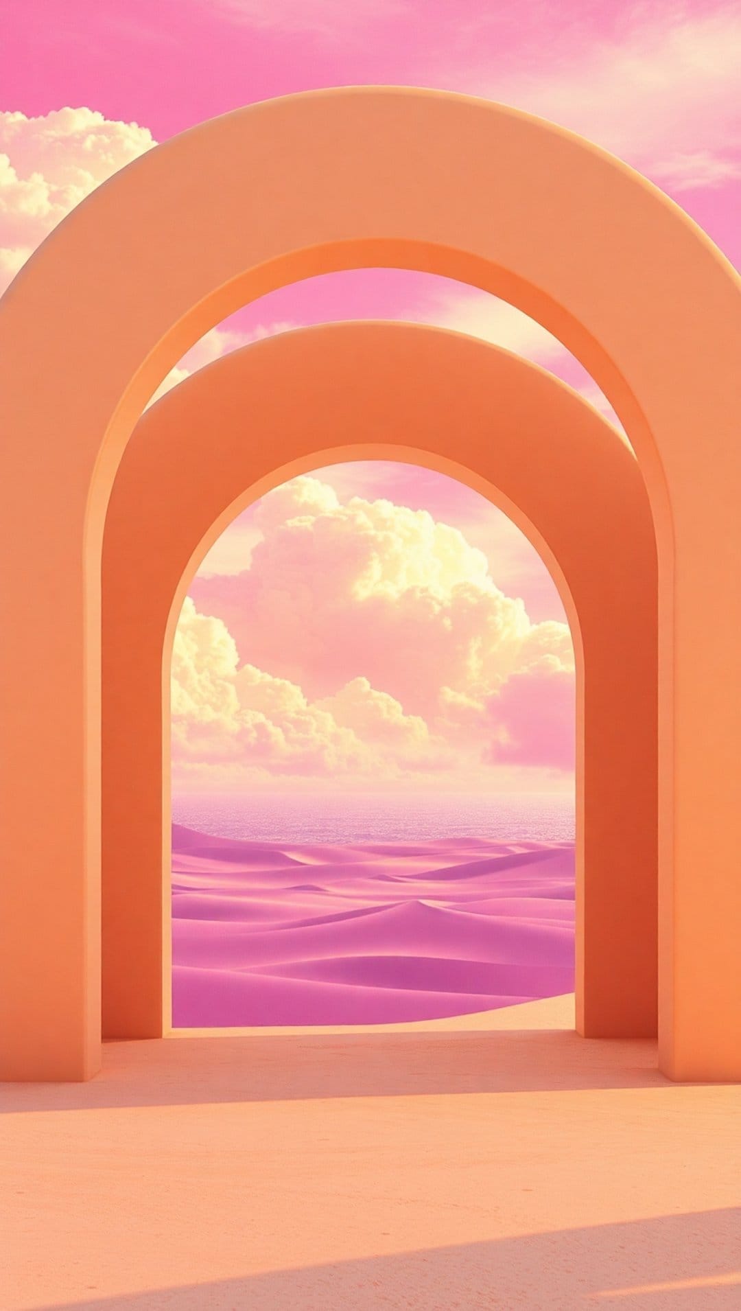 Geometric archway frames rolling pink desert dunes beneath golden-edged clouds in a soft pastel twilight sky.