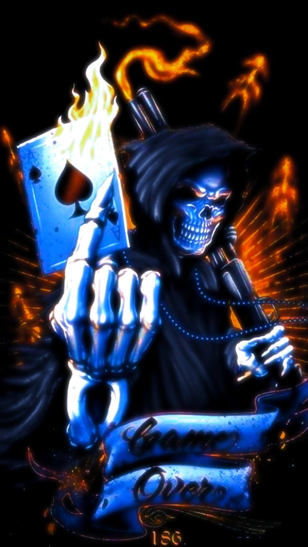 Grim reaper in a black hood holds a burning ace of spades card with a shotgun and ornate game over banner.