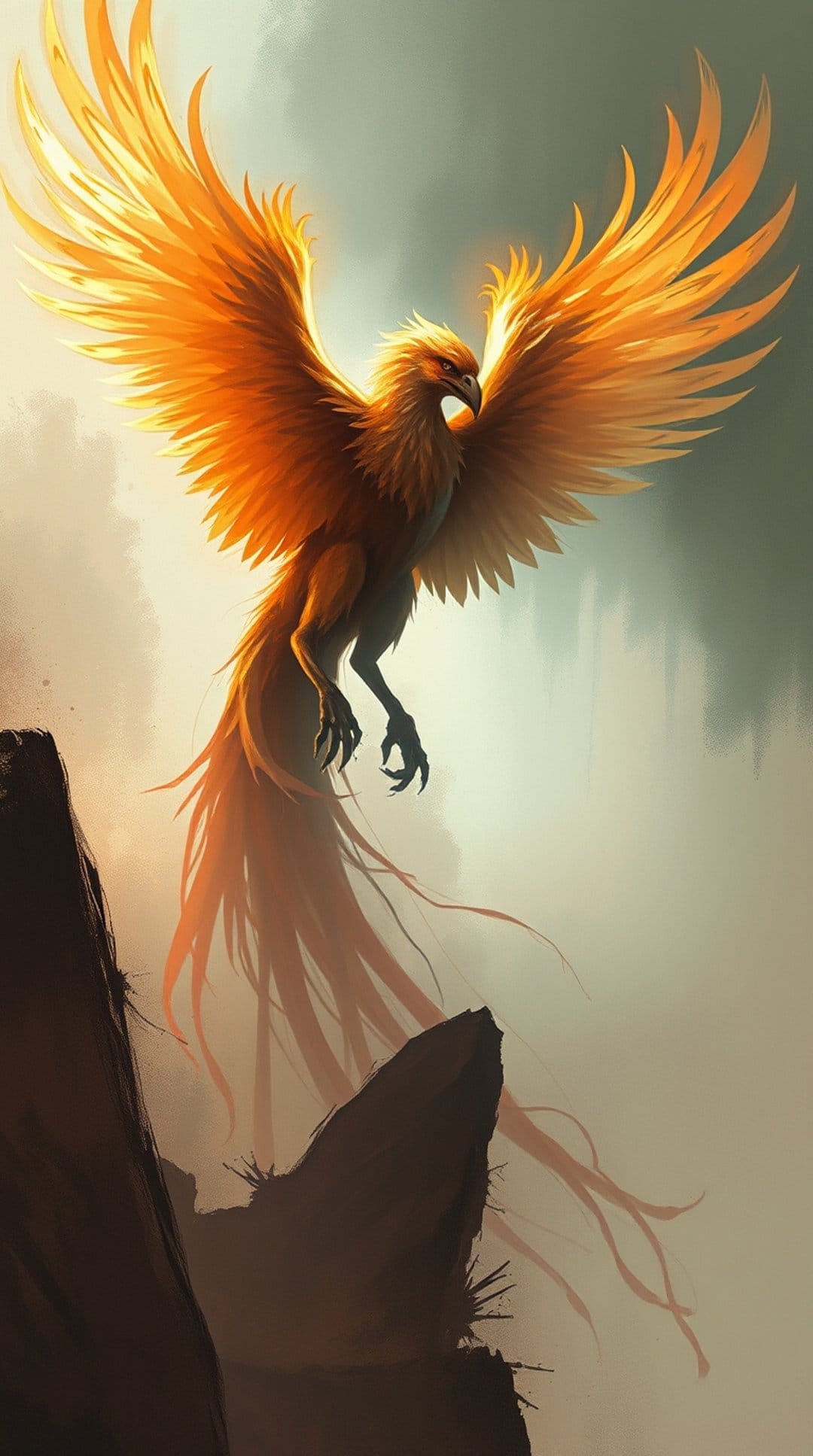 Golden phoenix with radiant wings soars above misty, dark crags and jagged mountain peaks in a portrait view.