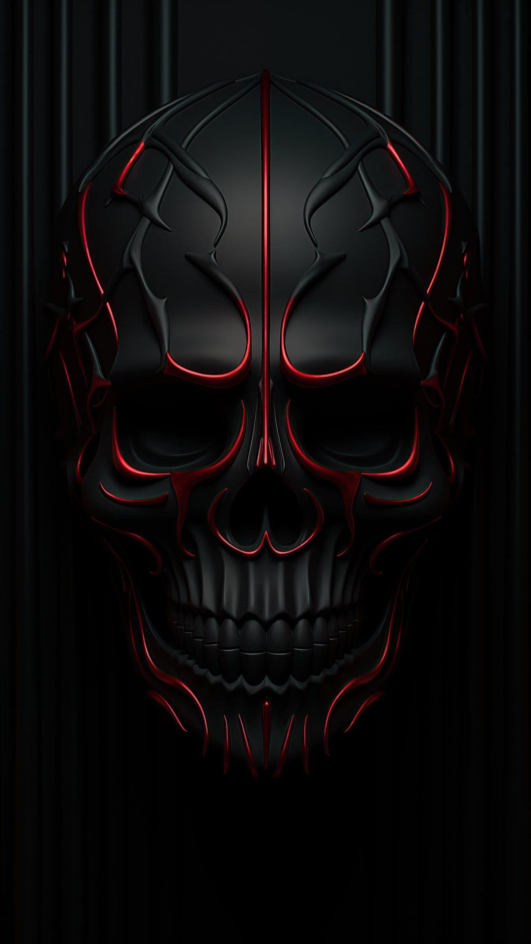 Chiseled black skull with glowing red light emitting from cracks and eye sockets against a dark ribbed background.