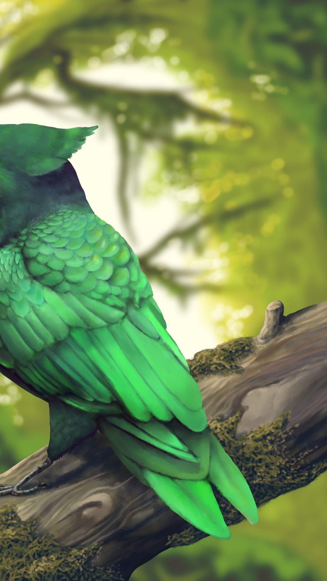 Emerald green bird with shimmering feathers perched on a moss-covered branch in a sun-drenched forest background.