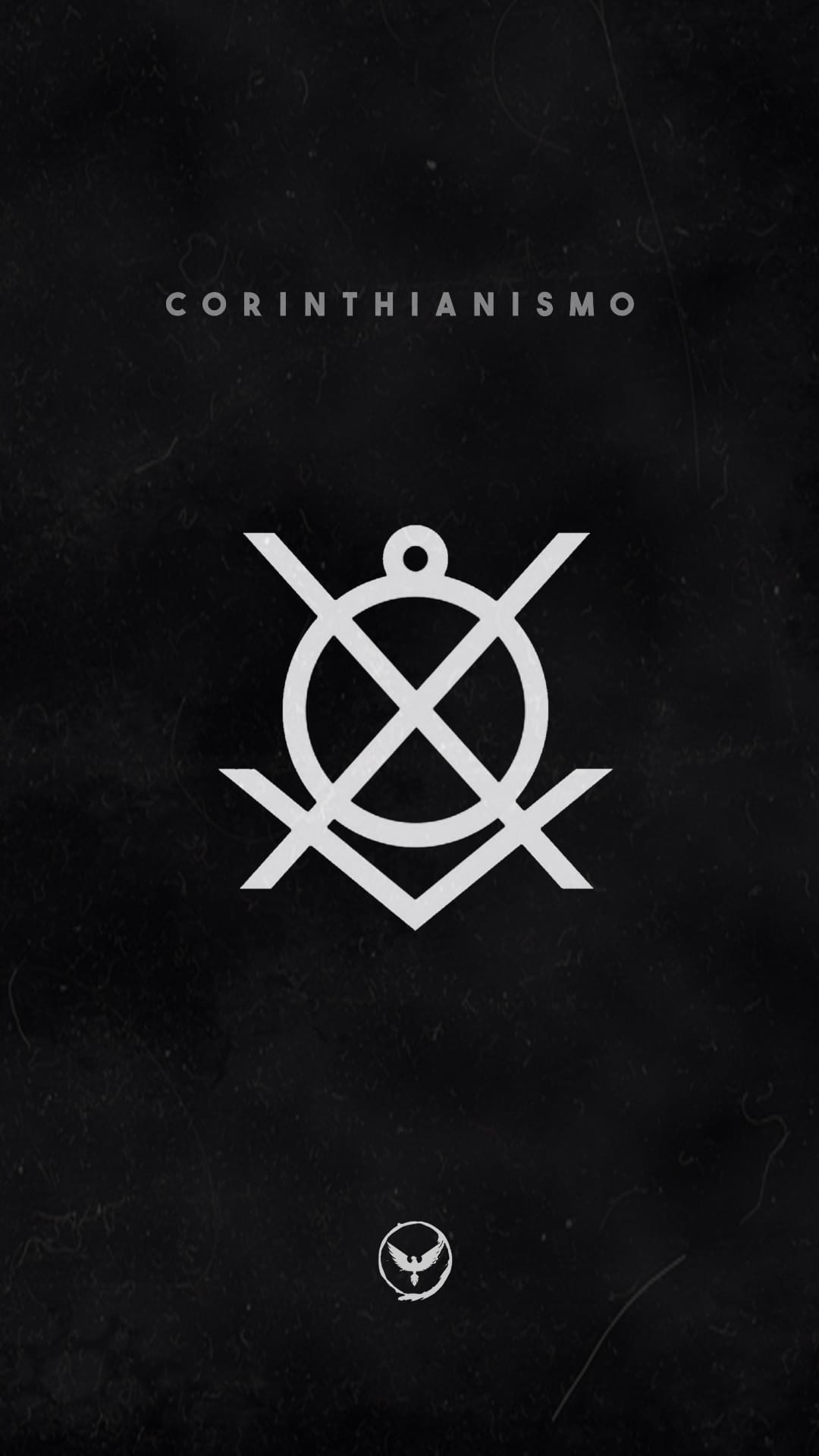 White geometric Corinthianismo emblem and small phoenix icon centered on a dark, textured black surface.