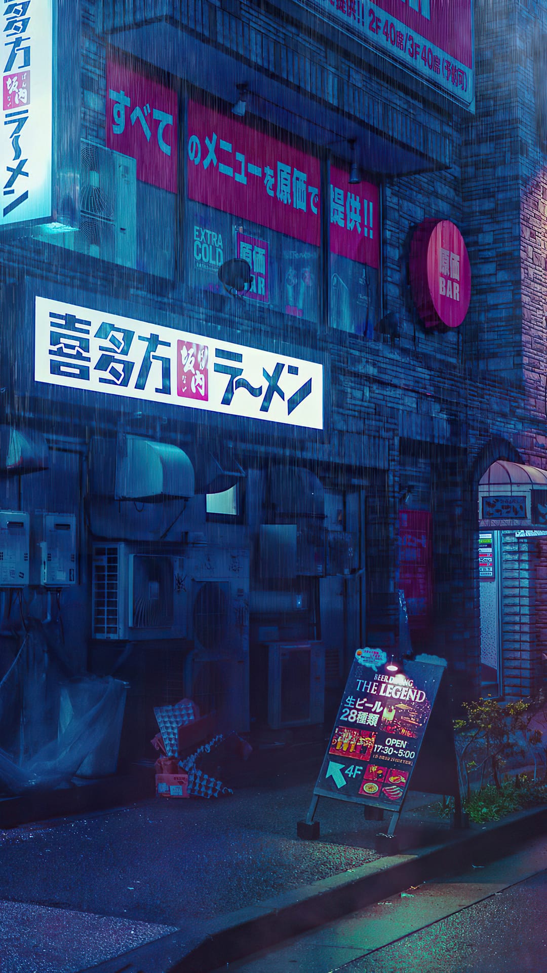 Neon-lit ramen shop signs reflecting on a rainy city street with an A-frame bar sign on a wet sidewalk.