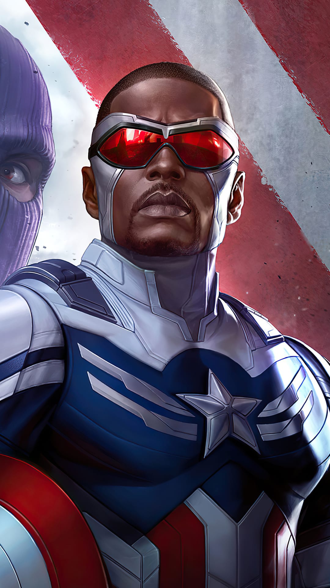 Sam Wilson as Captain America holds a shield next to a masked Hawkeye against a red and white striped backdrop.