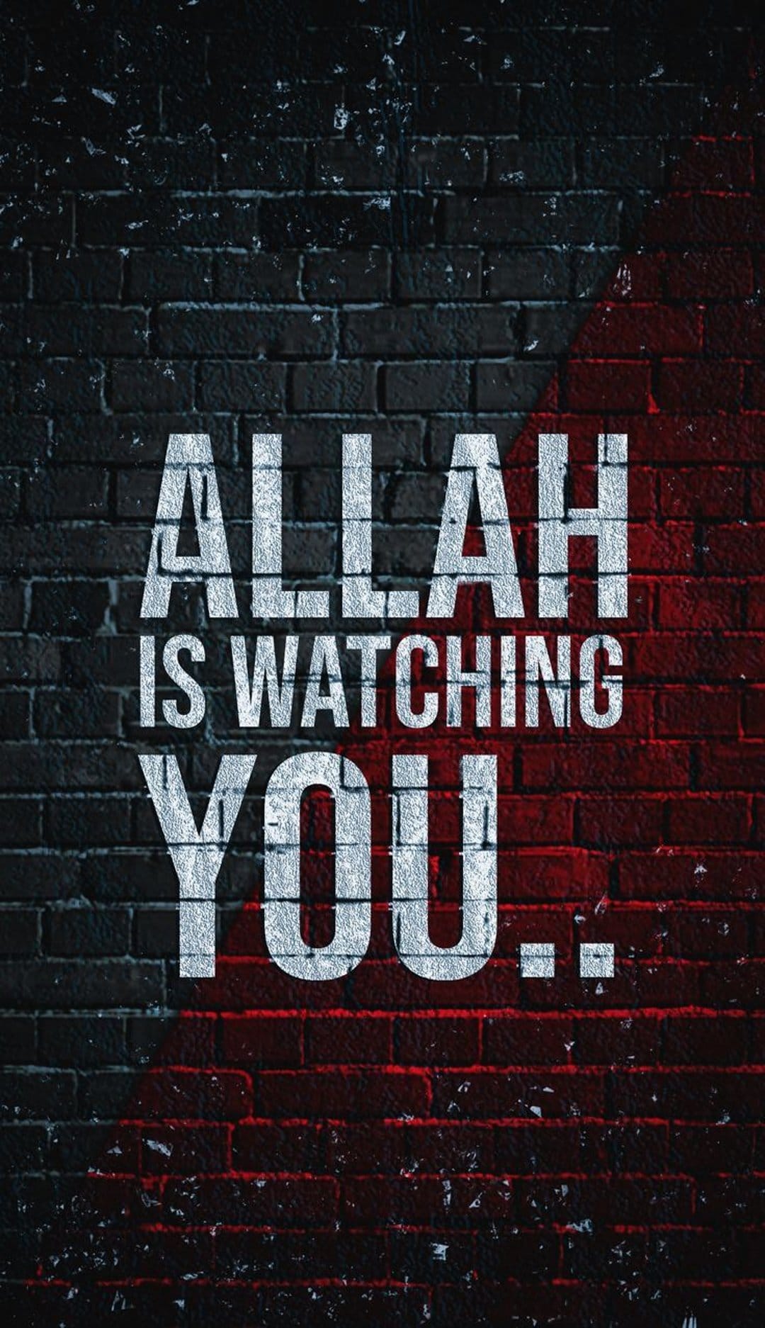 White text reading Allah is Watching You centered on a split-color dark gray and crimson red brick background.