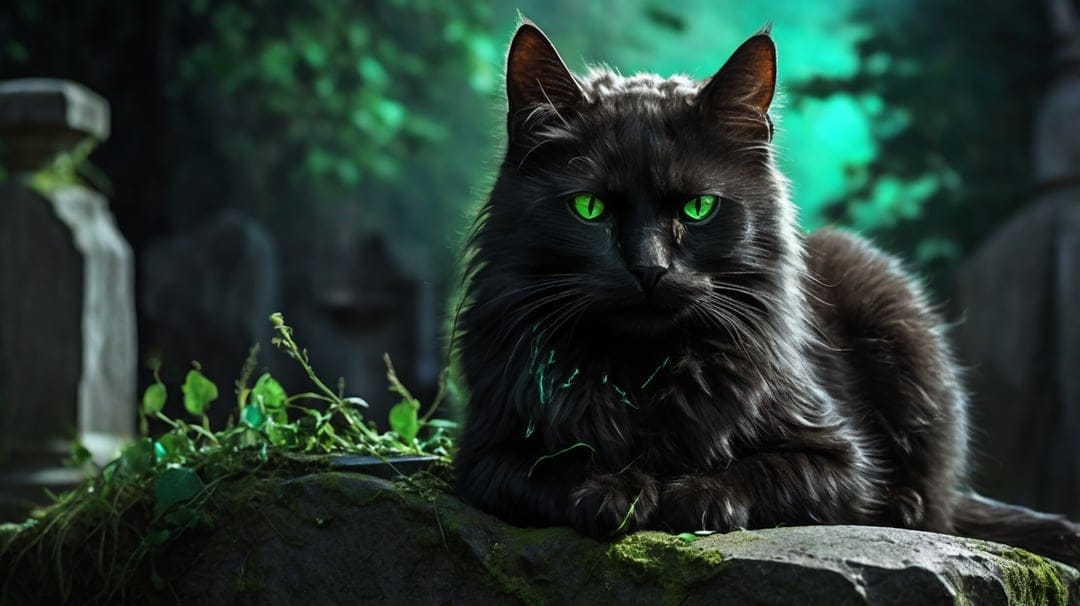 Black cat with vivid emerald eyes perched among weathered tombstones and lush green foliage in a graveyard.