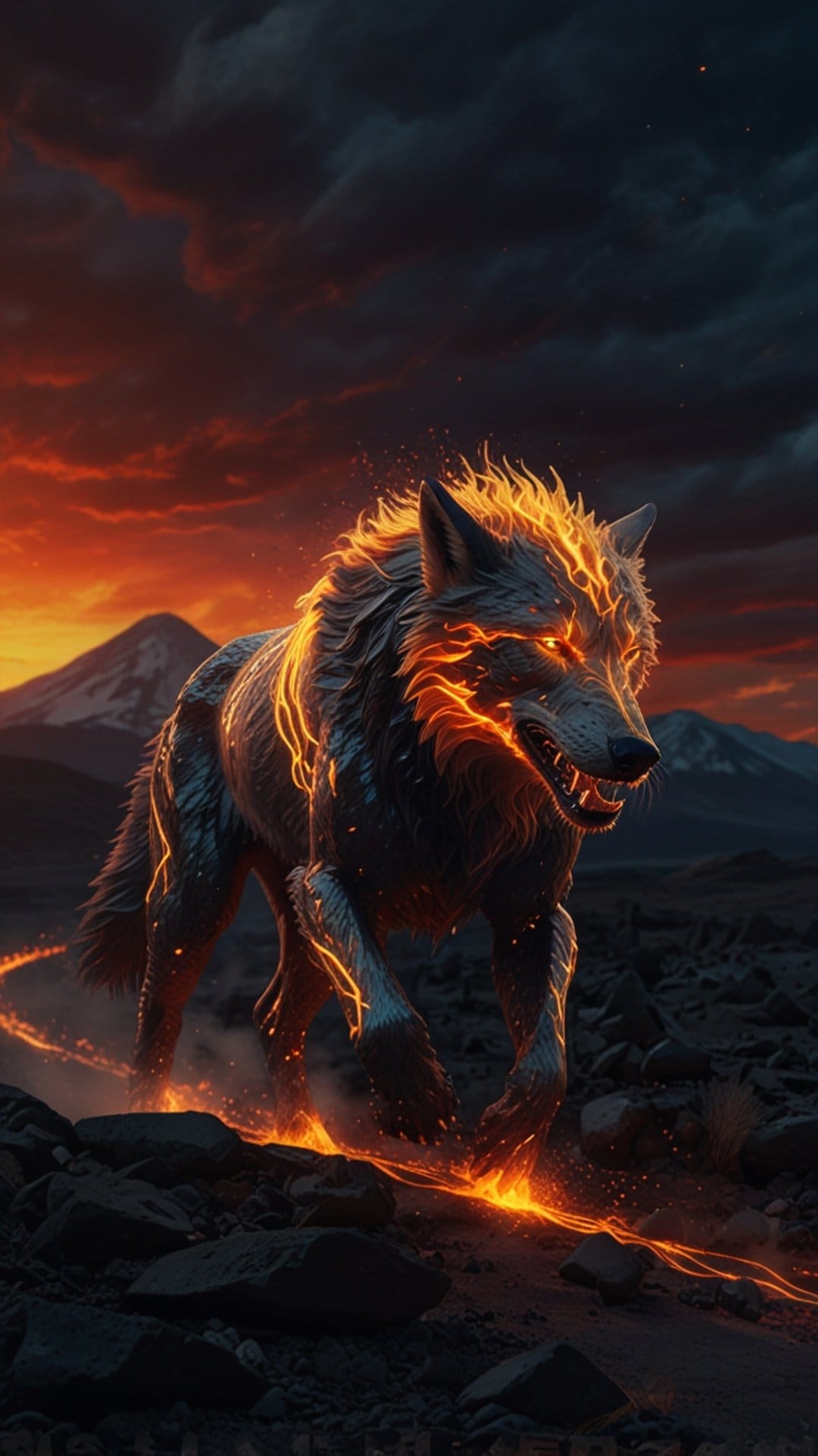 Glowing orange wolf running through a rocky volcanic field leaving trails of sparks under a dark sunset sky.