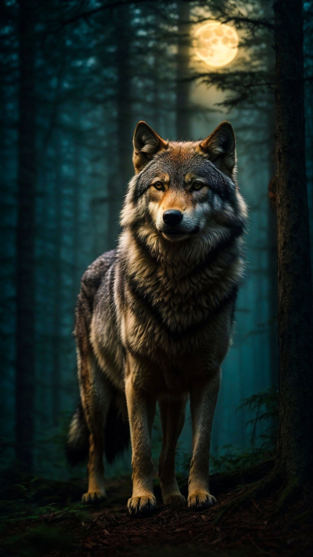 Silver wolf stands among dark trees under a bright full moon in a misty, ethereal nighttime forest landscape.