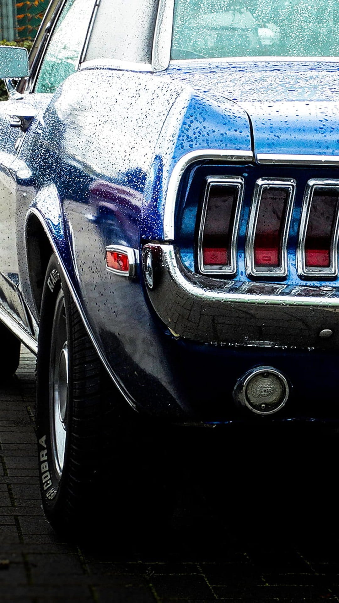 Classic blue Mustang rear view with glowing red tail lights and rain droplets on a wet cobblestone street.
