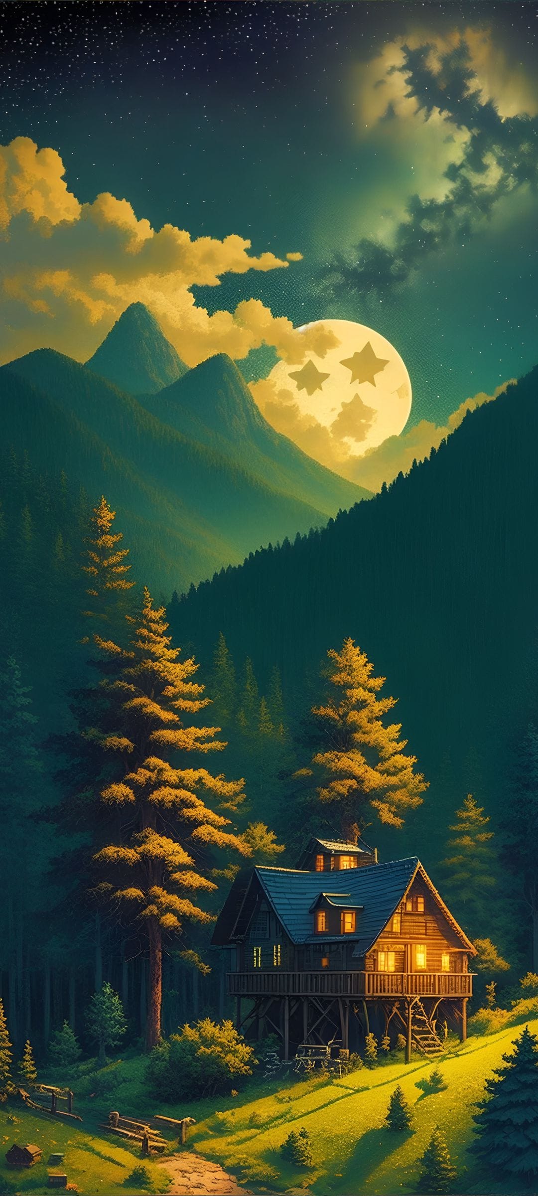 Four-star glowing moon hangs over a small wooden cabin surrounded by dark pine trees and a starry night sky.
