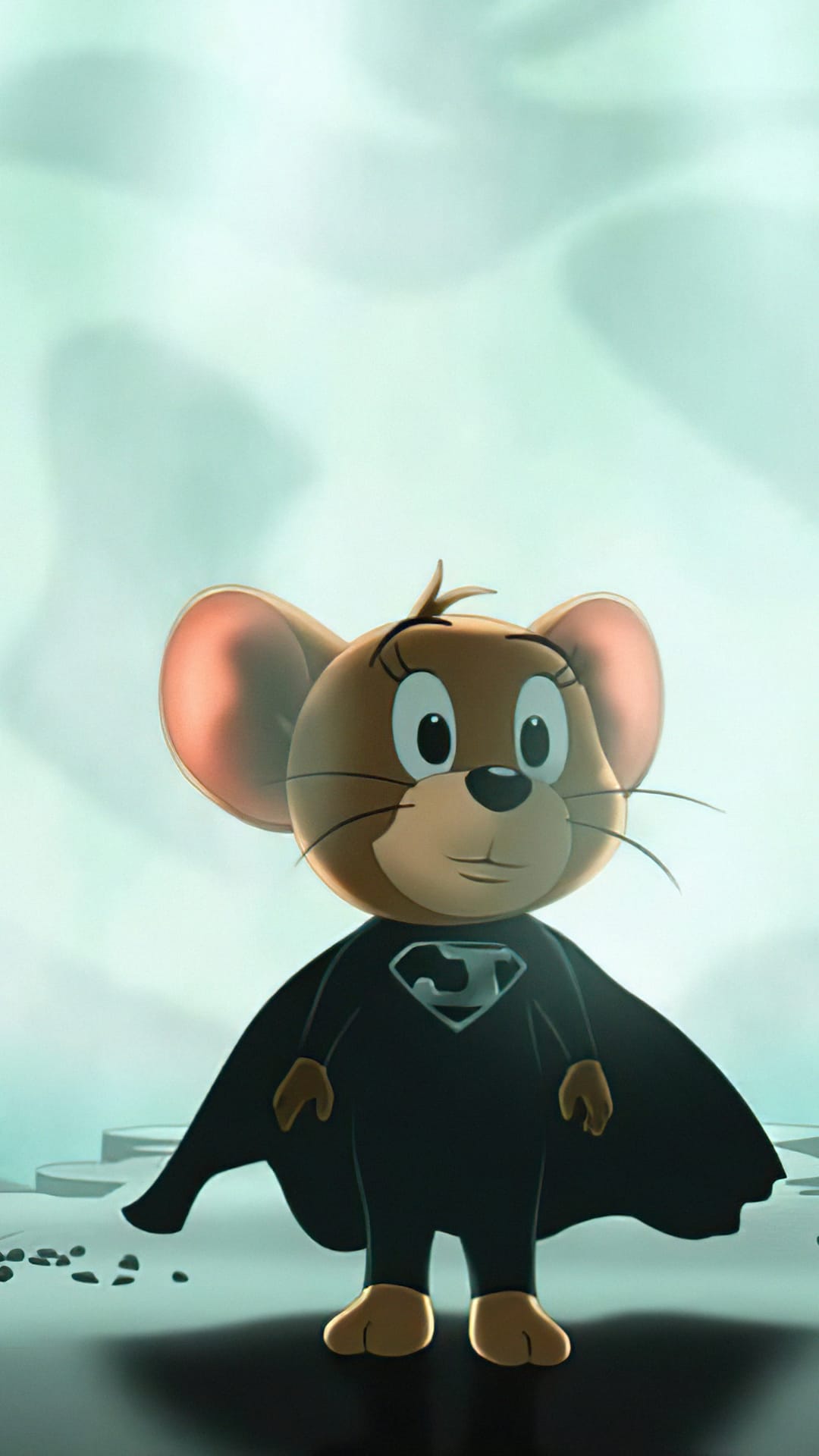 Jerry Mouse wearing a black superhero suit and flowing cape stands against a hazy teal and blue sky.