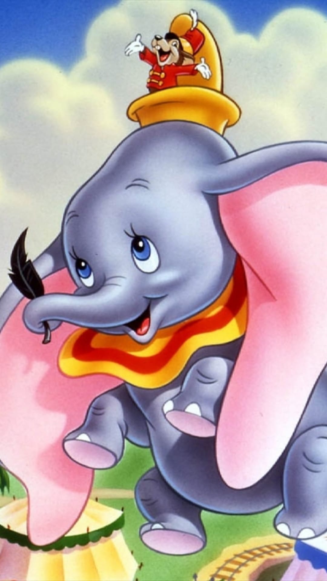 Dumbo the elephant with large ears and a red collar carries Timothy Mouse in a ringmaster suit near circus tents.