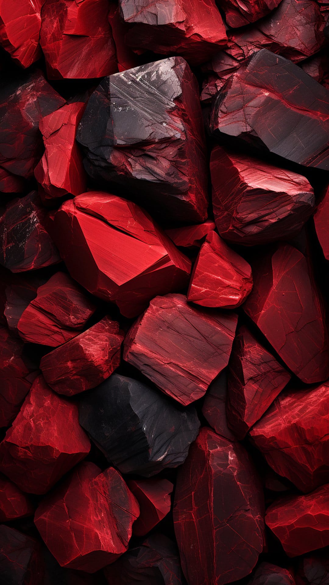 Jagged red and black obsidian rocks with sharp crystalline edges and glossy surfaces under dramatic lighting.