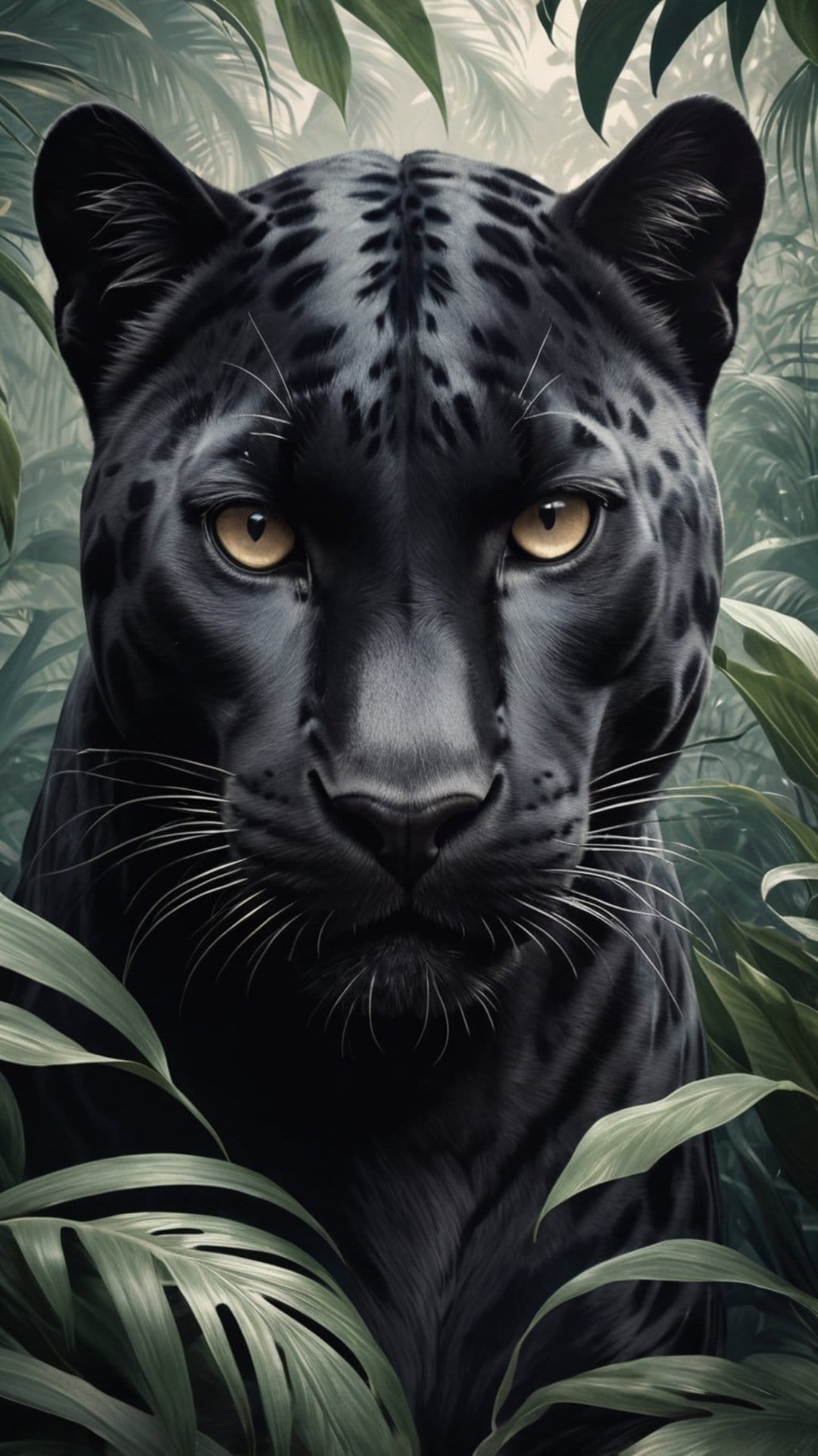 Black panther with glowing yellow eyes peers through thick green jungle leaves in a detailed vertical portrait.