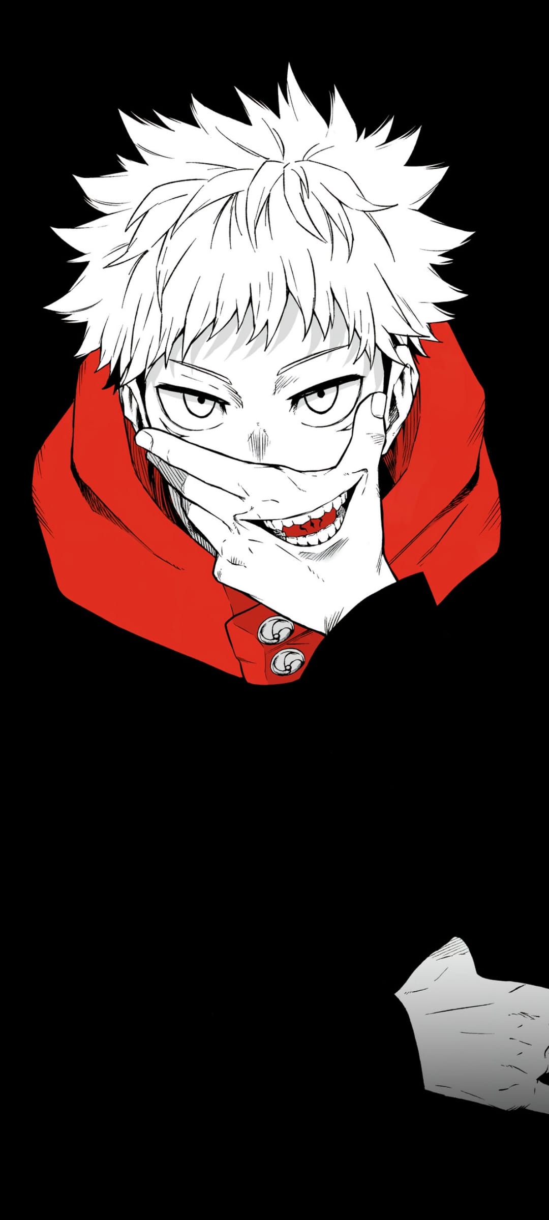Spiky white-haired character wearing glasses and a red hoodie hides a sharp-toothed grin behind his hand.