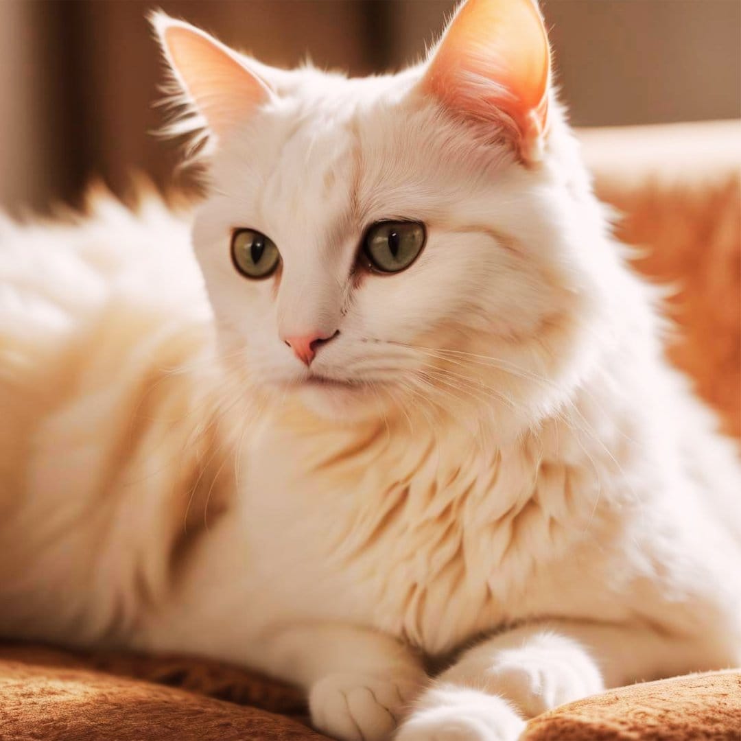 White cat with green eyes lounging on a soft surface, bathed in warm light with a peaceful expression.