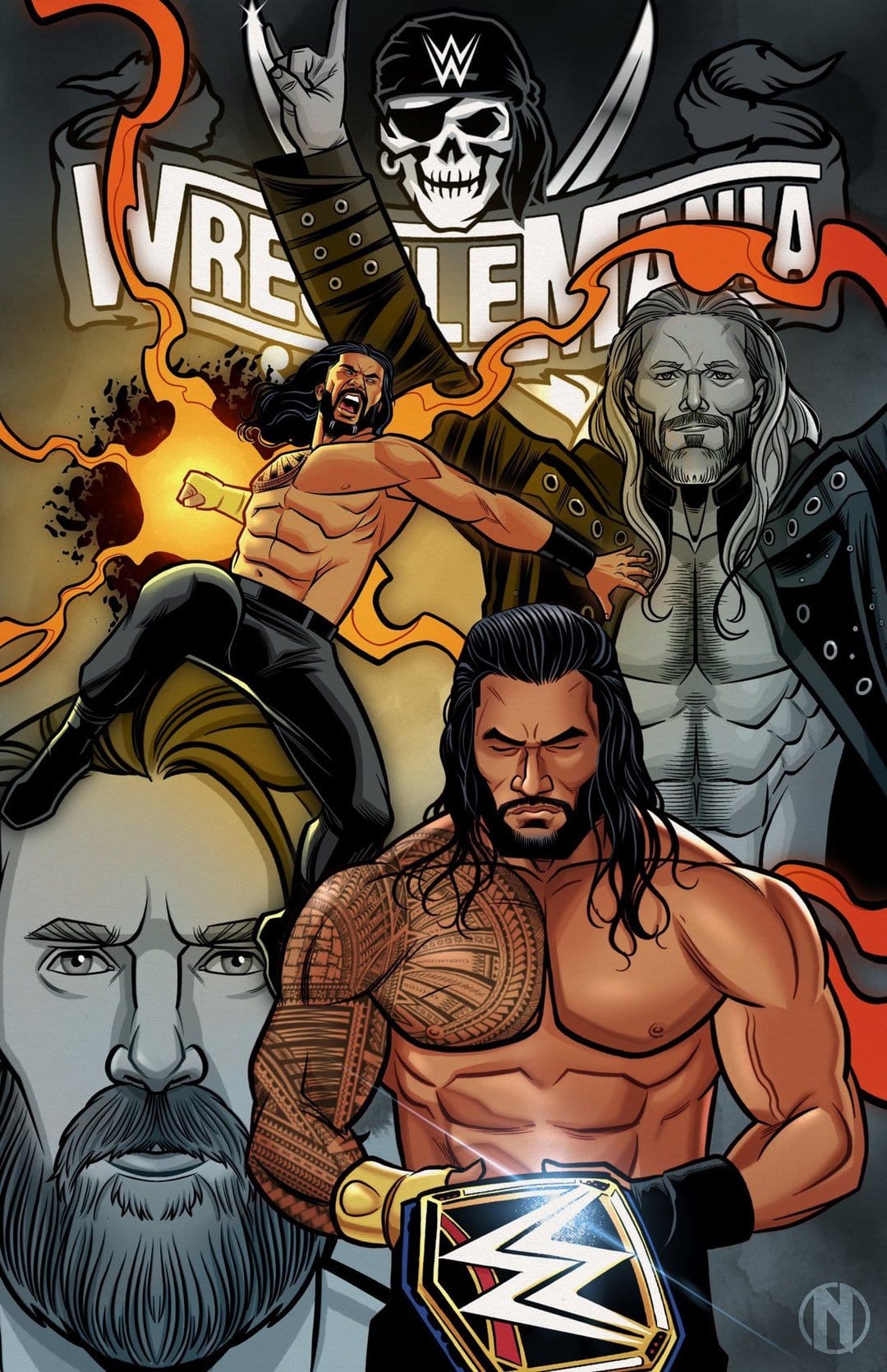 Roman Reigns holds a championship belt alongside Edge and Bray Wyatt amidst fiery WrestleMania graphics.