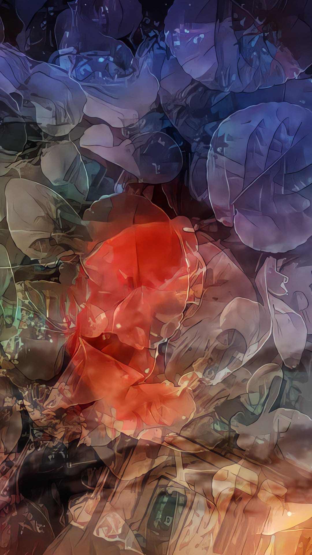 Vivid red flower petals centered between overlapping textured leaves in shades of deep indigo and dark purple.