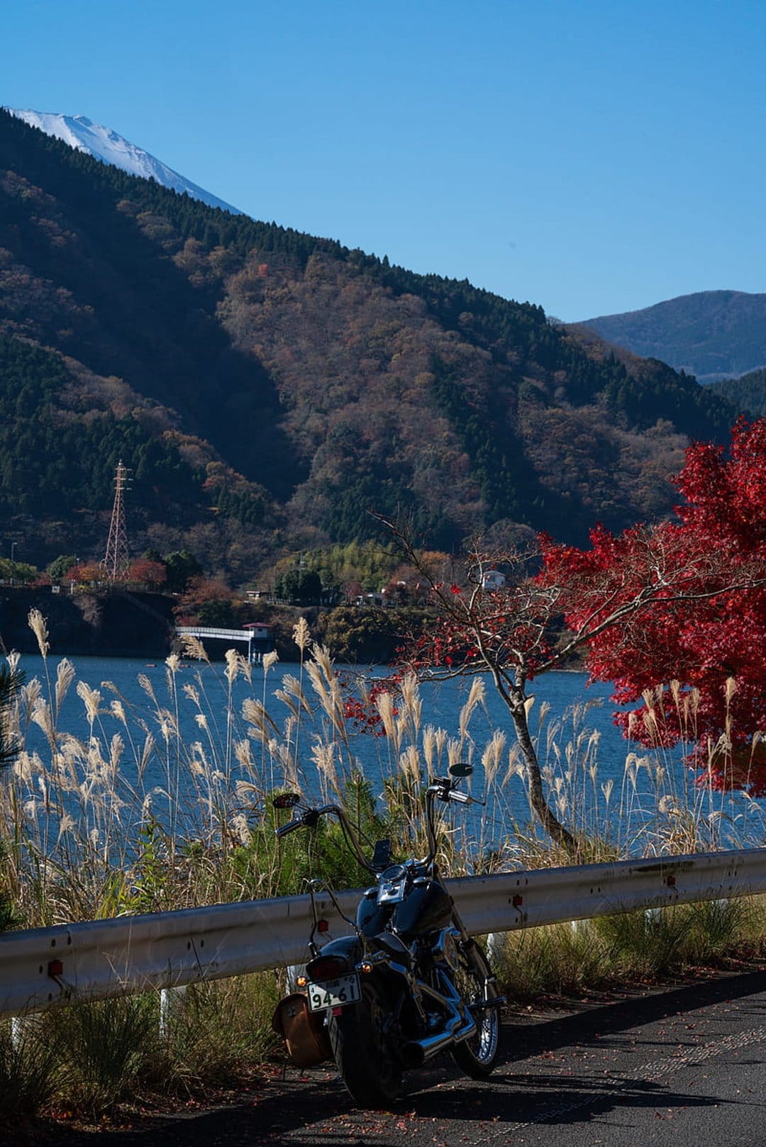 Black cruiser motorcycle by a lake with Mount Fuji, vibrant red maple leaves, and golden reeds in autumn.