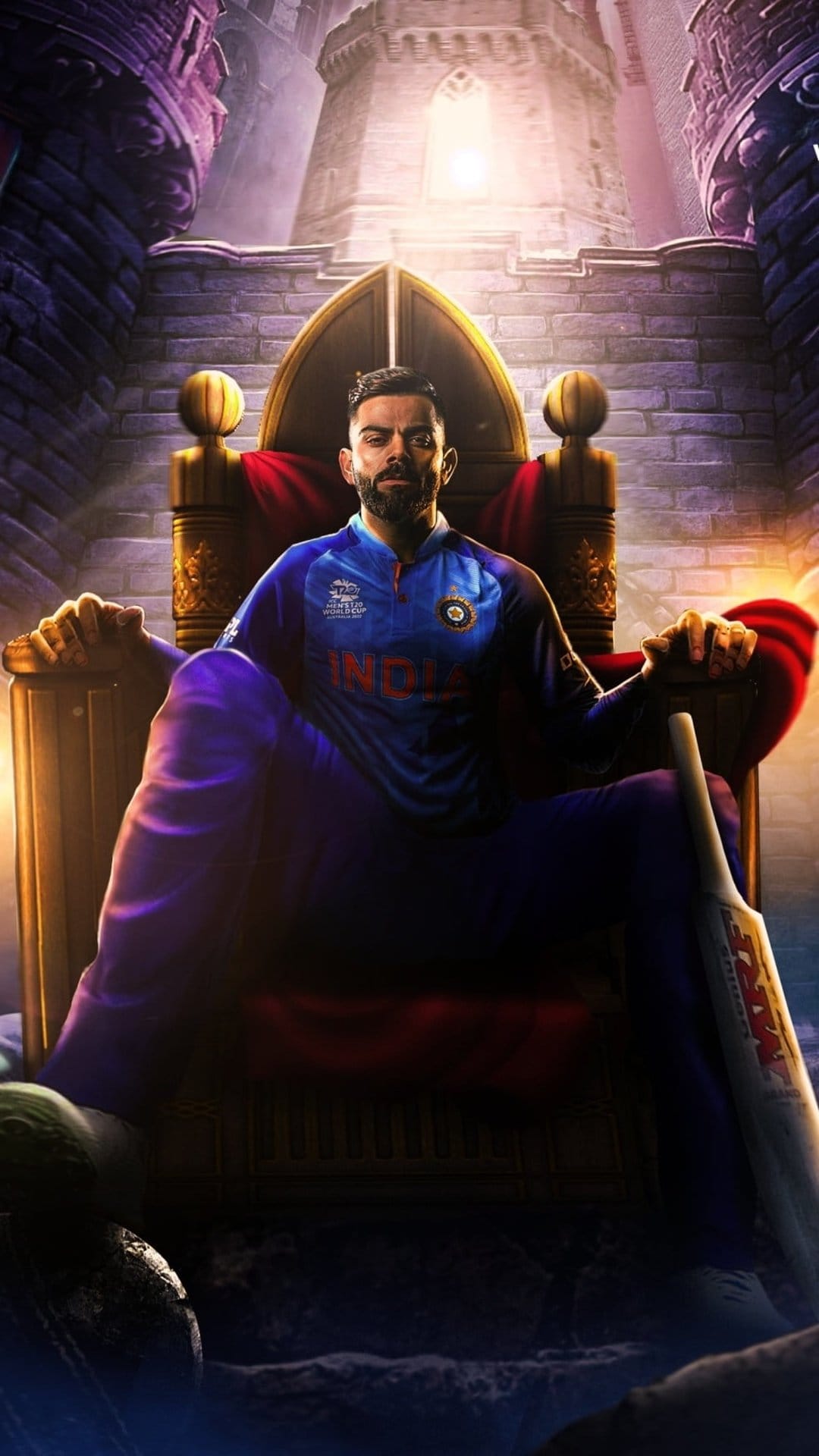 Virat Kohli sits on a stone throne wearing an Indian cricket jersey next to a bat inside a dark castle.